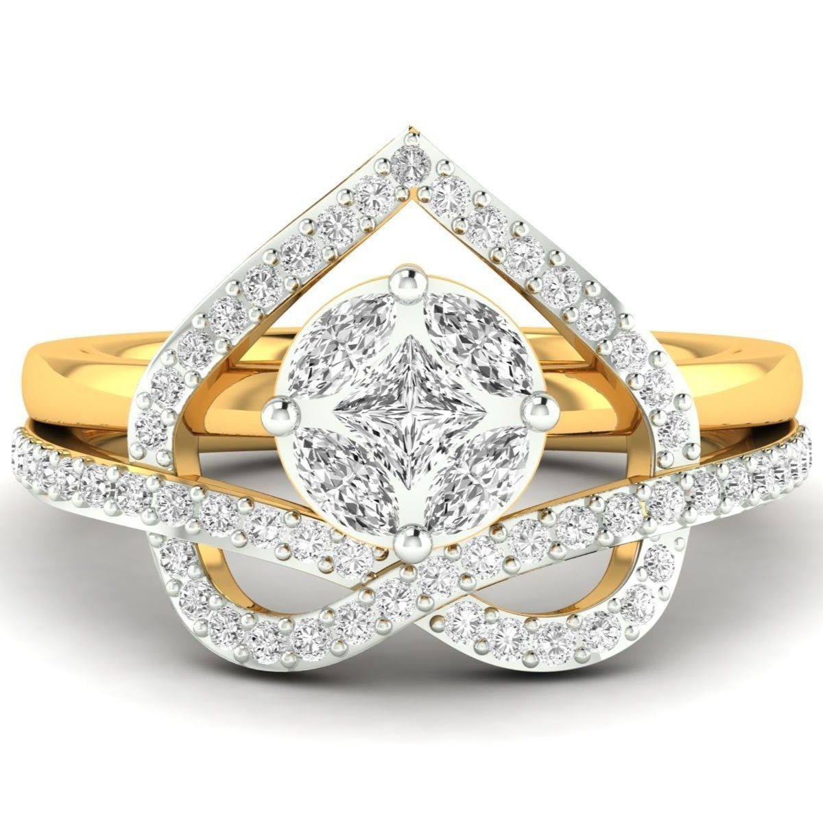 Romilly Diamond Ladies Ring featuring a round diamond centerpiece with intricate crown and infinity loop design in gold and diamond detailing.