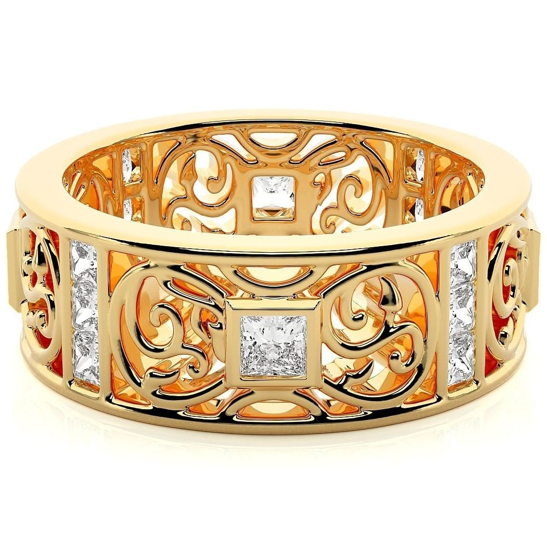 Ornate gold diamond ring with intricate filigree detailing and princess-cut diamonds set in square frames for a vintage-inspired look.