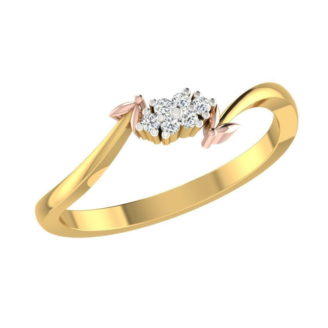 Gold diamond floral ring featuring a delicate cluster of diamonds with rose gold leaf accents on a sleek gold band.