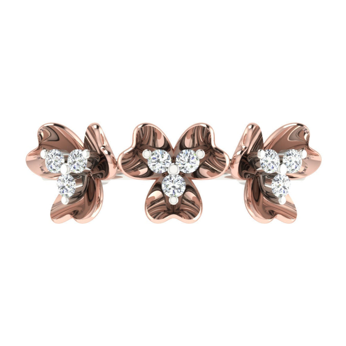 Rose gold floral diamond ring featuring three delicate flowers with sparkling diamond clusters at their centers.