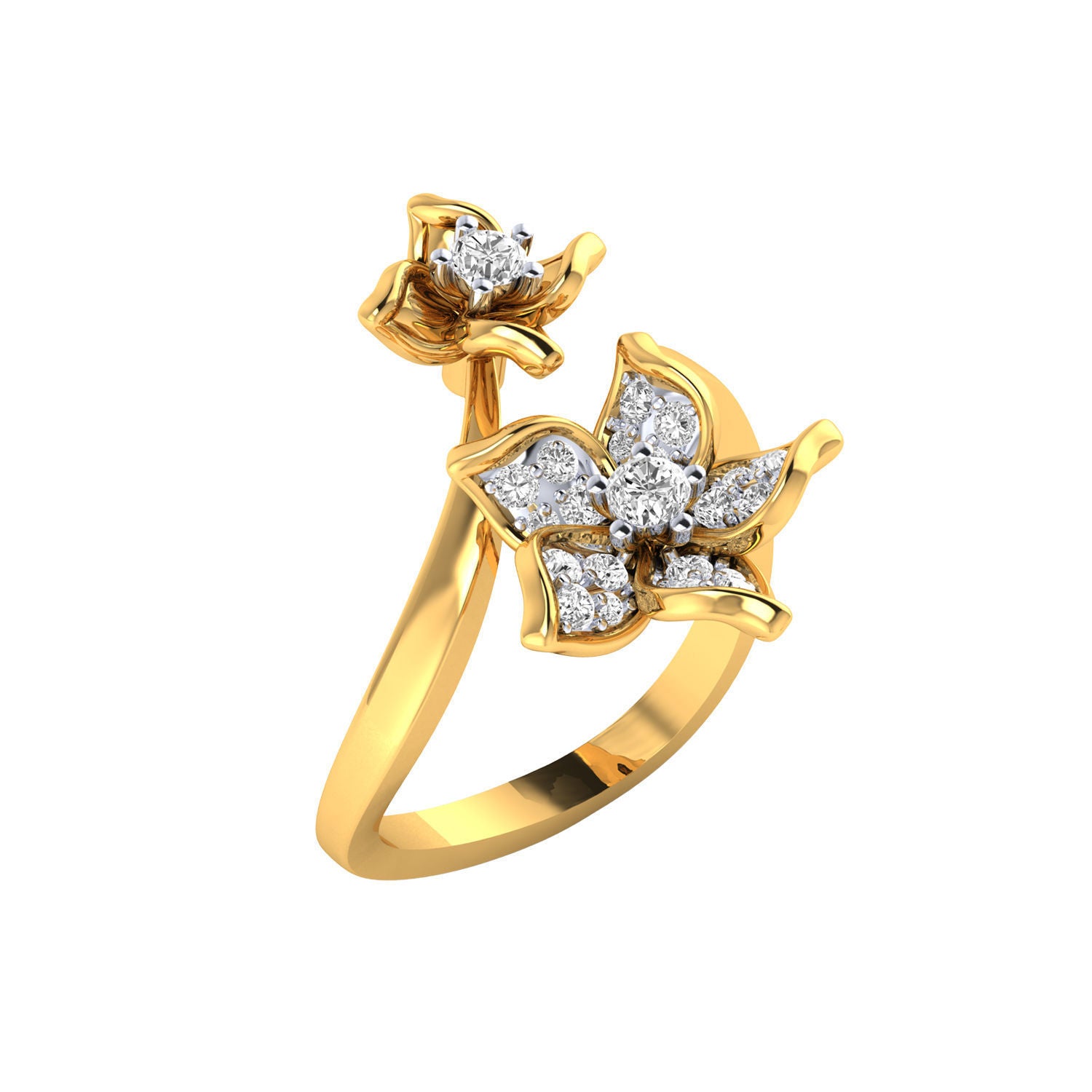 Gold floral diamond ring with two blooming flowers, each adorned with sparkling diamonds, featuring a delicate swirl band design for a graceful look.
