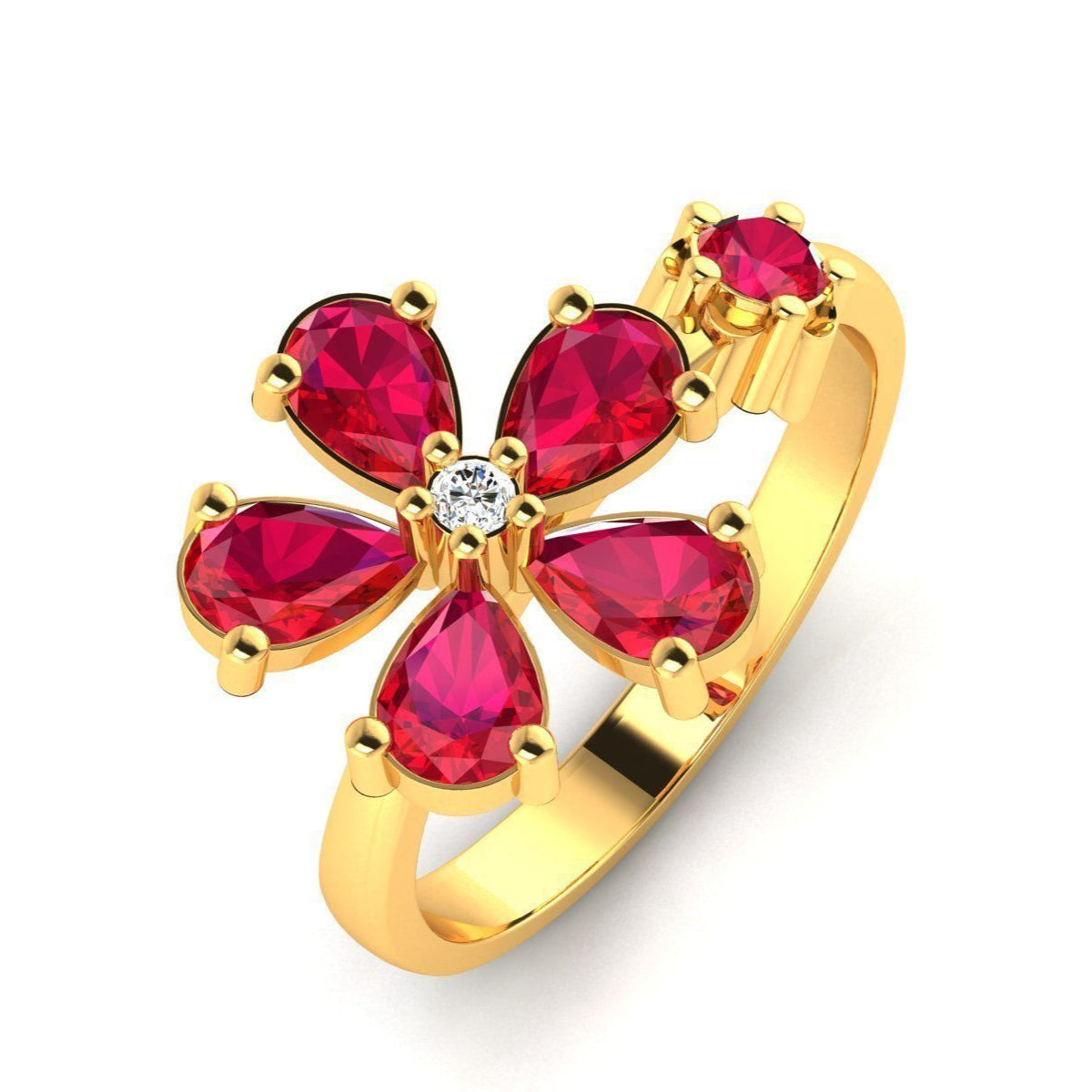 Gold ring with a floral design featuring five pear-shaped ruby gemstones, a central round diamond, and an additional ruby accent on the band.