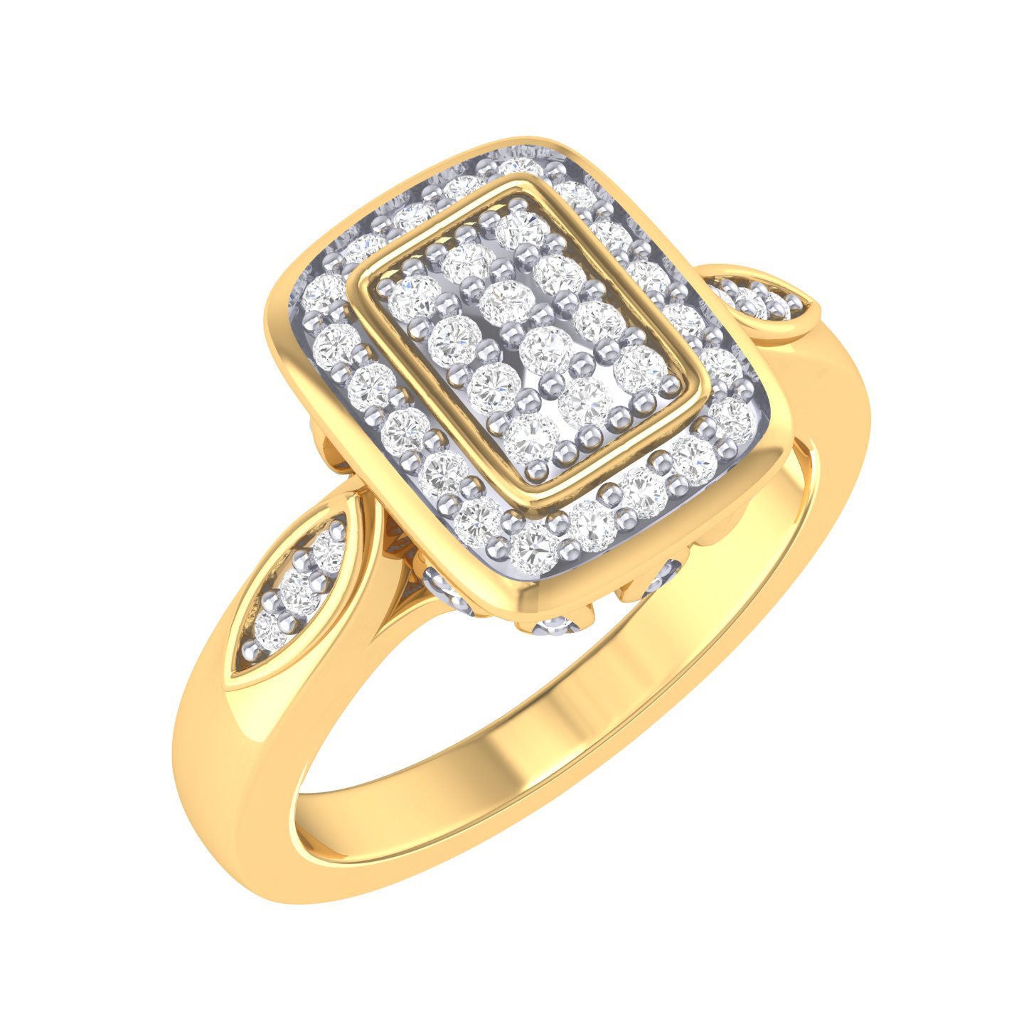 Avalyn Diamond Ring featuring a rectangular diamond cluster with a halo of diamonds, enhanced by marquise-shaped diamond accents on a gold band.