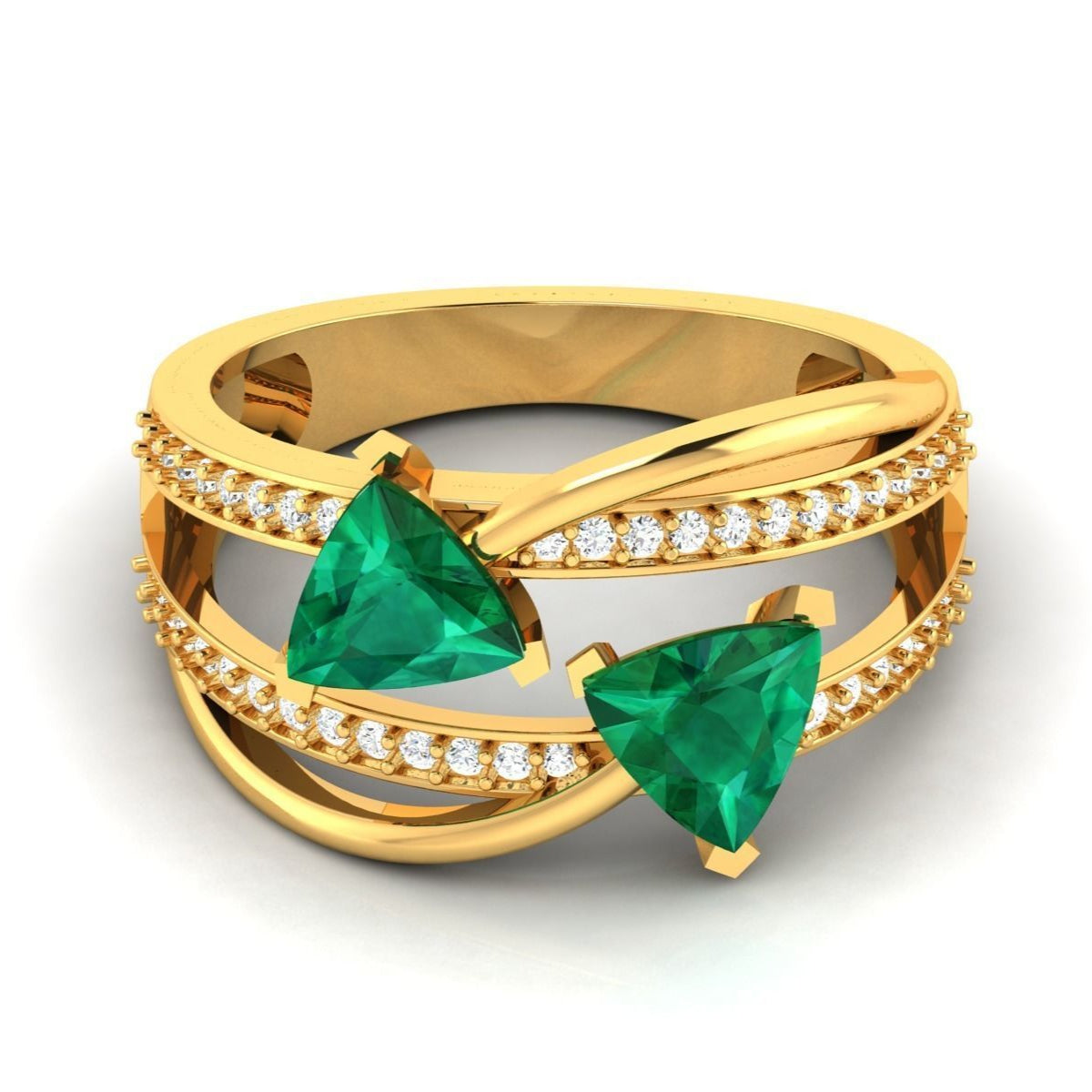 Berkley Emerald Ring featuring two triangular-cut emerald gemstones set in gold with diamond-studded accents for a striking and elegant look.