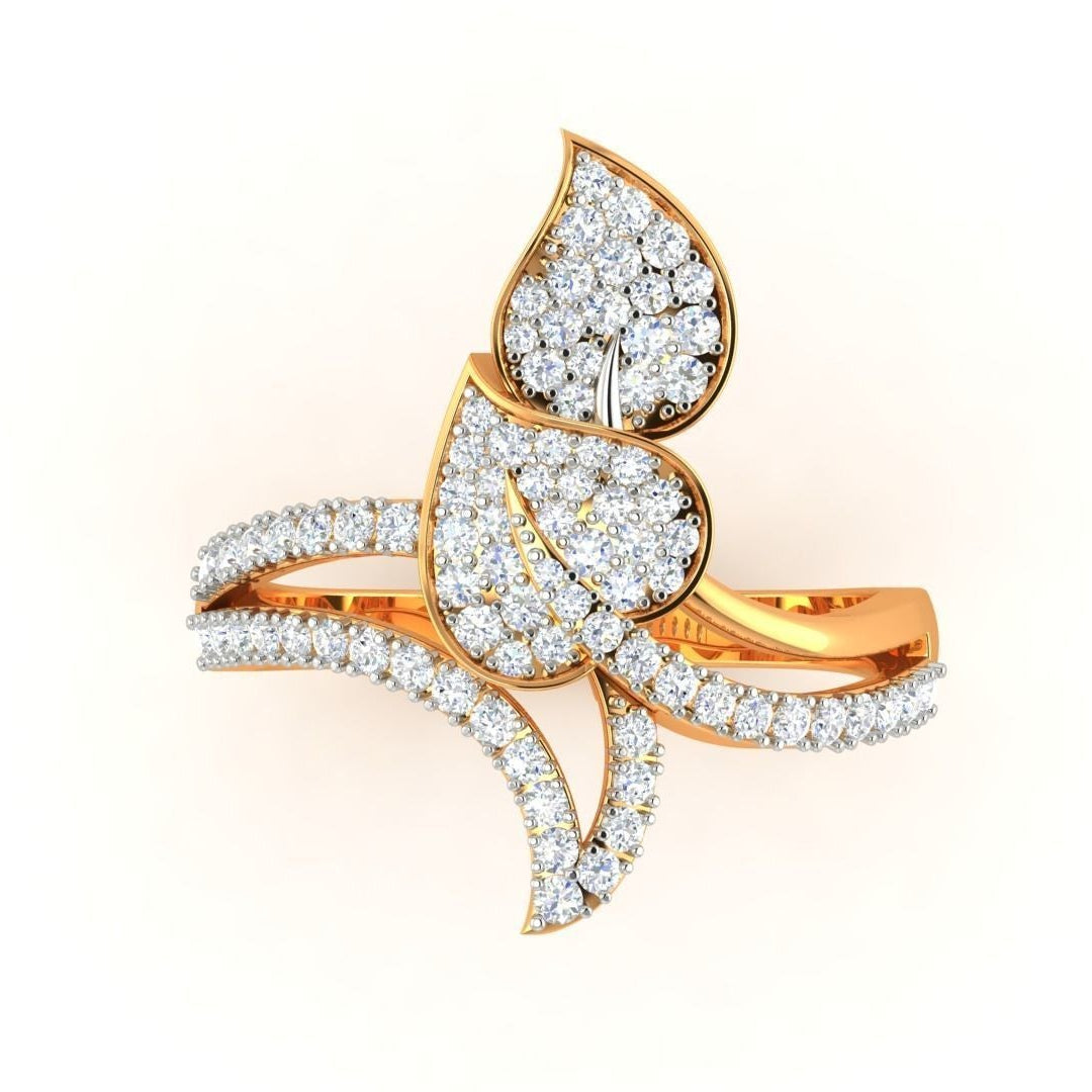 Nature-inspired diamond ring with gold band featuring two dazzling leaf-shaped designs, adorned with shimmering diamonds for a luxurious touch.