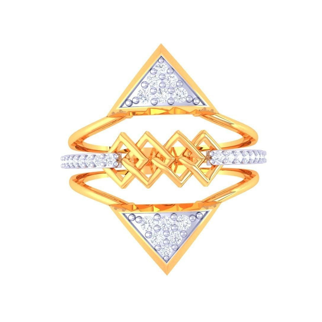Gold and diamond statement ring with geometric triangle designs, intricate gold lattice, and diamond-studded bands.