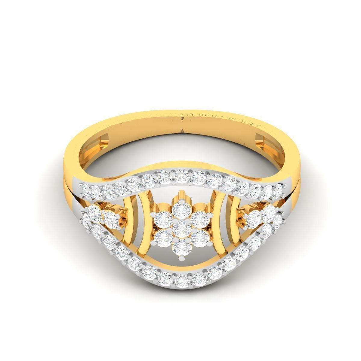 Naya Diamond Ring in yellow and white gold, featuring a floral diamond centerpiece with a dual-layered diamond-studded arch design.