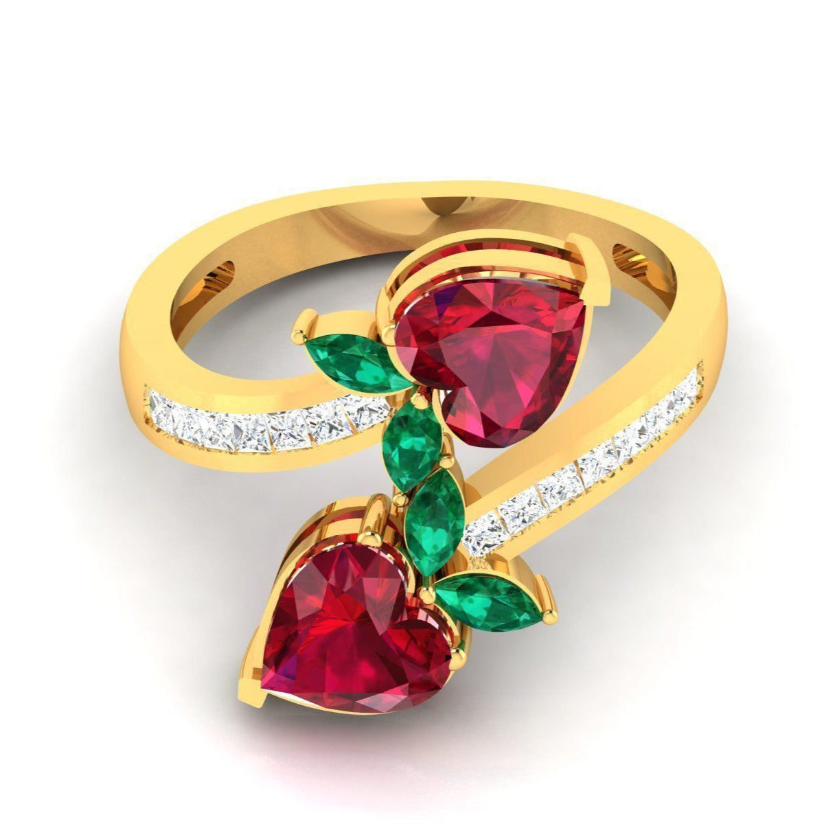 Robin Diamond Ring featuring two heart-shaped ruby gemstones, marquise-cut emerald accents, and a diamond-studded gold band for a romantic and elegant look.