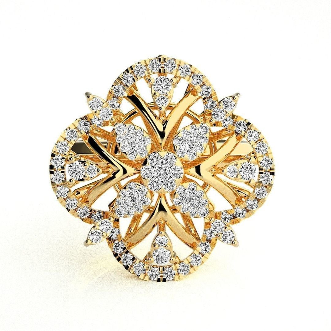 Gold floral designer ring with intricate filigree details and dazzling lab-grown diamonds.