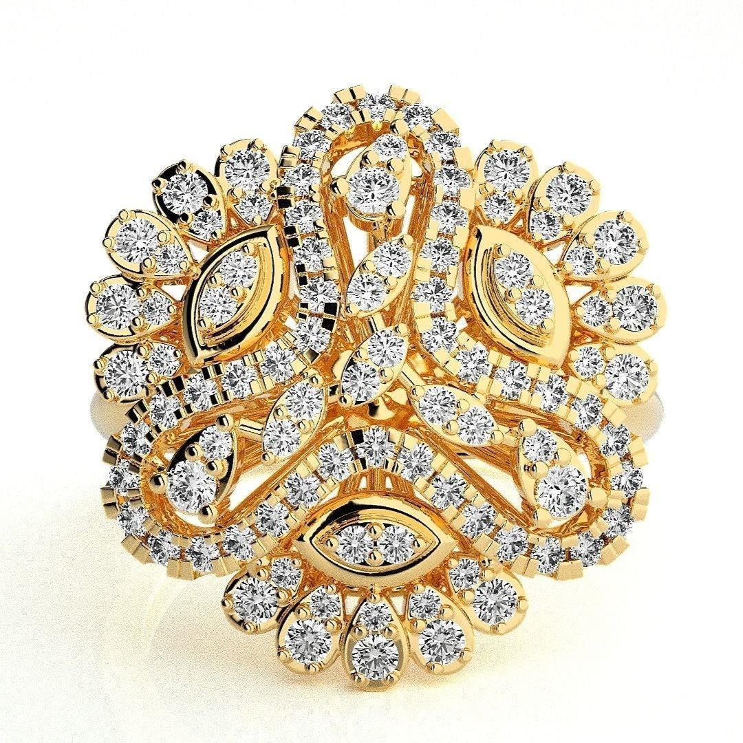 Janessa Diamond Ring featuring a grand floral-inspired design with round and marquise-cut diamonds set in an intricate gold framework for a luxurious, regal appeal.