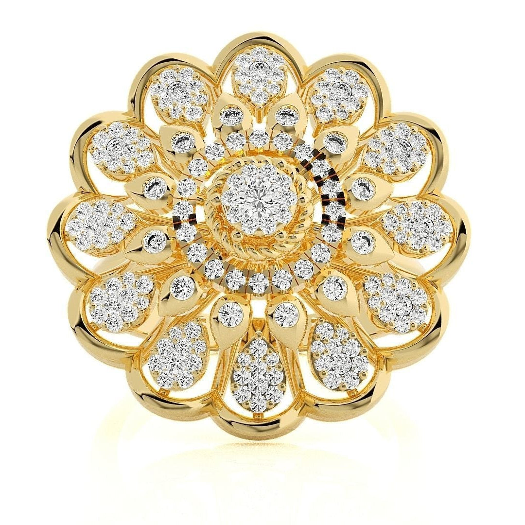 Jayden Diamond Ring in gold with an intricate floral-inspired design, featuring multiple layers of round-cut diamonds in a radiant bloom pattern.