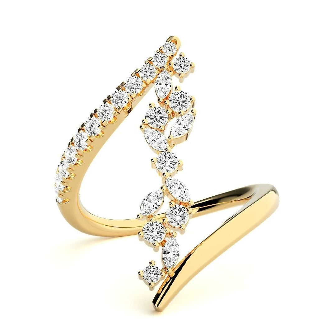 Novah Diamond Open Ring with round and marquise-cut diamonds set in a modern, asymmetrical gold band, featuring a graceful vine-inspired design.