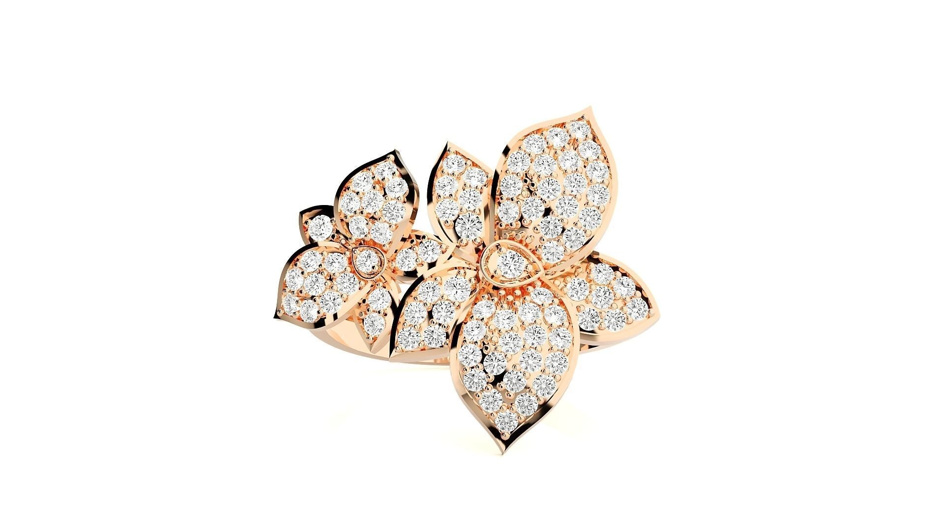 Rose Gold floral diamond ring with intricate petal design, encrusted with shimmering diamonds for a radiant sparkle.