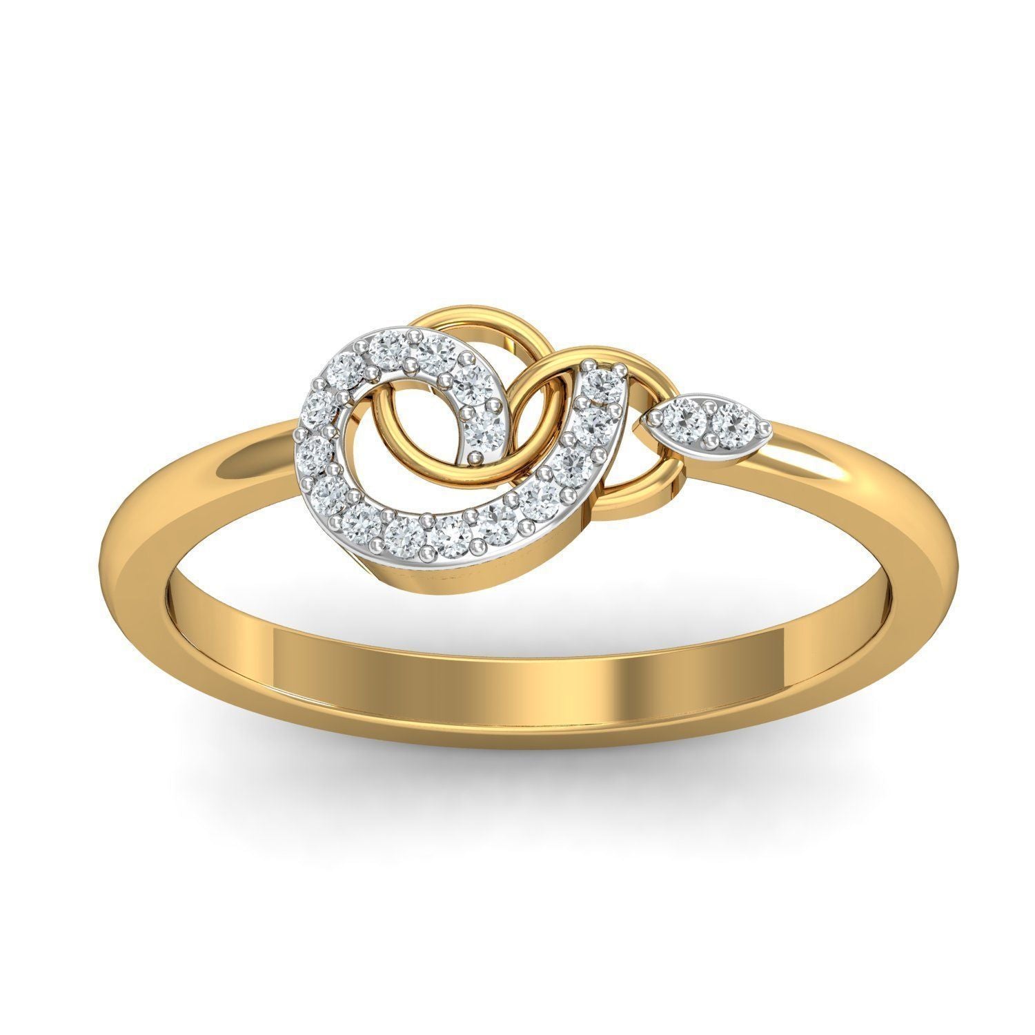 Gold ring with interlocking loops and lab-grown diamond accents in an elegant swirl design.