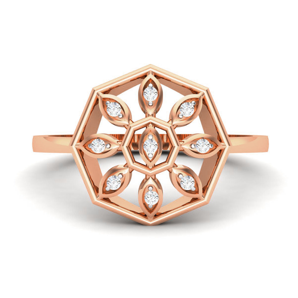 Jana Diamond Ring with a hexagonal rose gold frame, featuring marquise-shaped diamond accents in a geometric pattern.