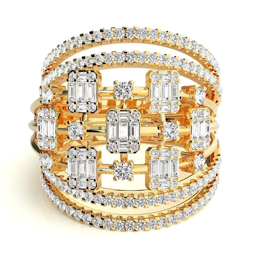 "Gold diamond ring with baguette and round-cut diamonds in a geometric design, featuring multiple diamond-studded bands for added brilliance.