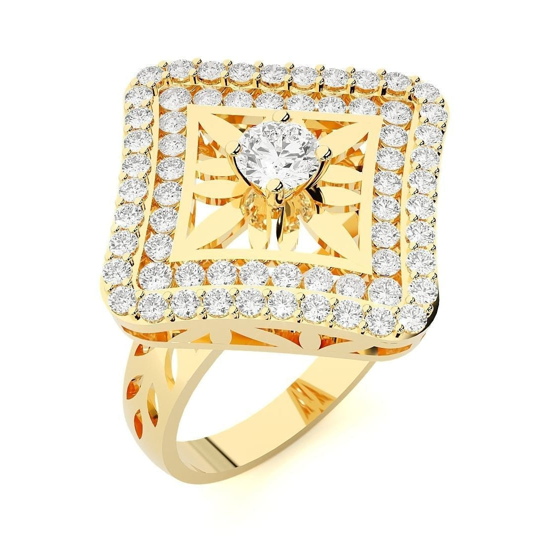 Gold square-shaped diamond ring with a solitaire centerpiece surrounded by a geometric diamond-studded frame for a luxurious and elegant look.