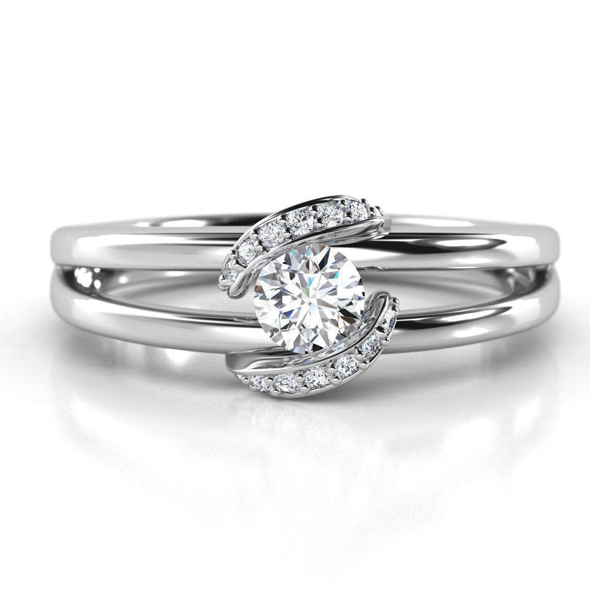 Modern solitaire natural diamond ring with an open wrap design and accent diamond curves.