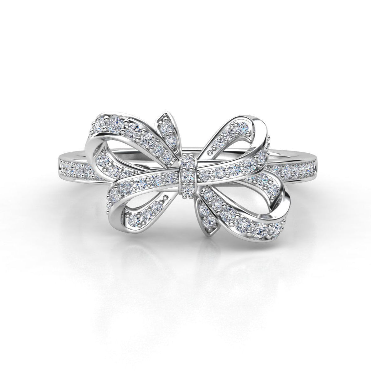 Lab Grown Diamond-studded bow-shaped ring with pavé-set diamonds on a sleek band.