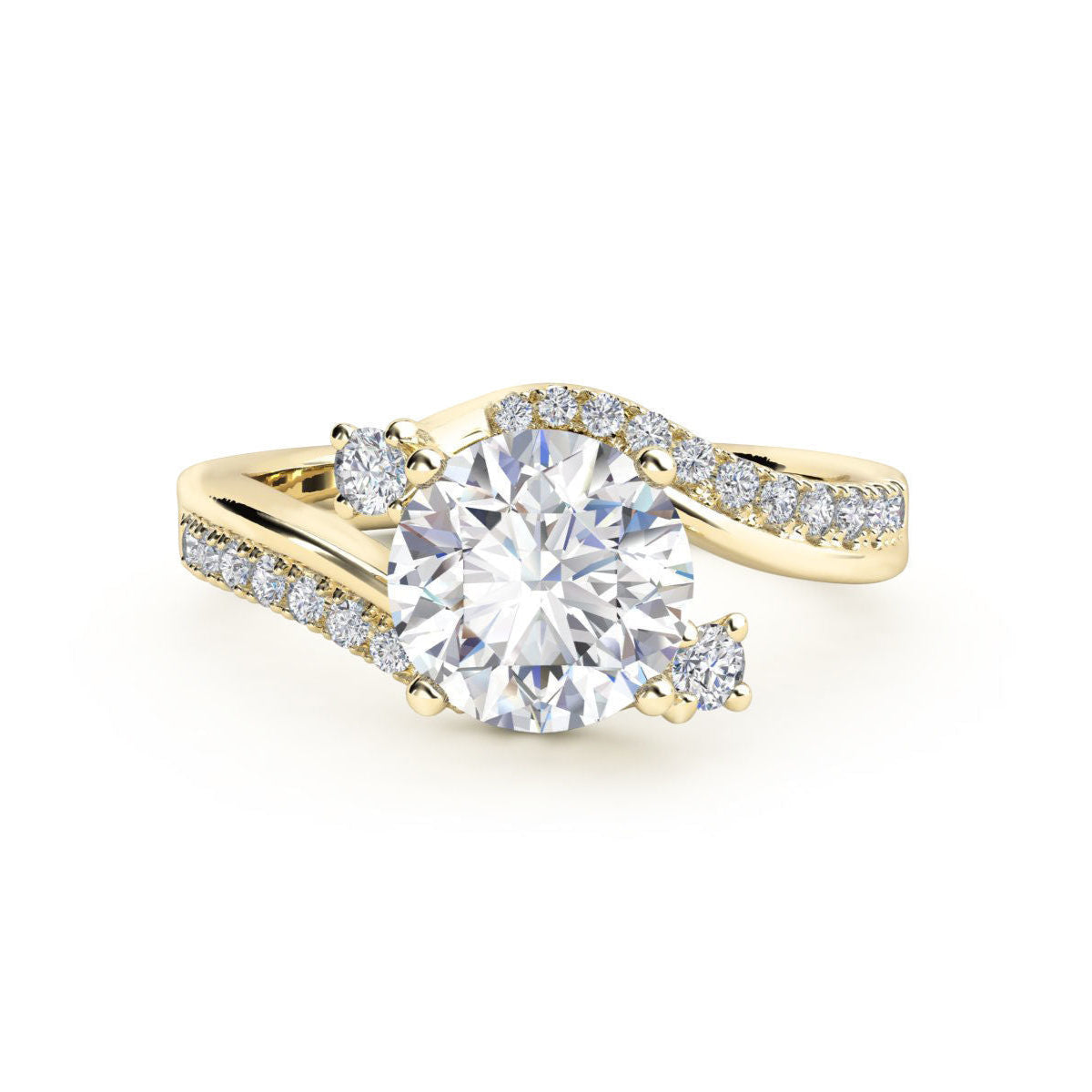 Gold diamond ring with a central solitaire diamond, two side stones, and a diamond-studded wave band.