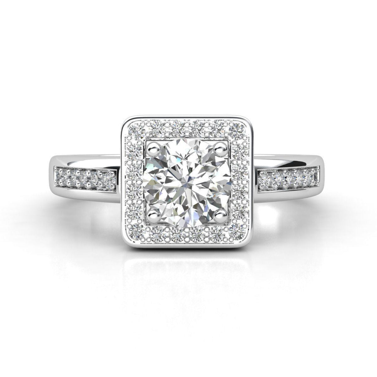 Square halo diamond ring with a round solitaire centerpiece set in a sleek diamond-studded band.