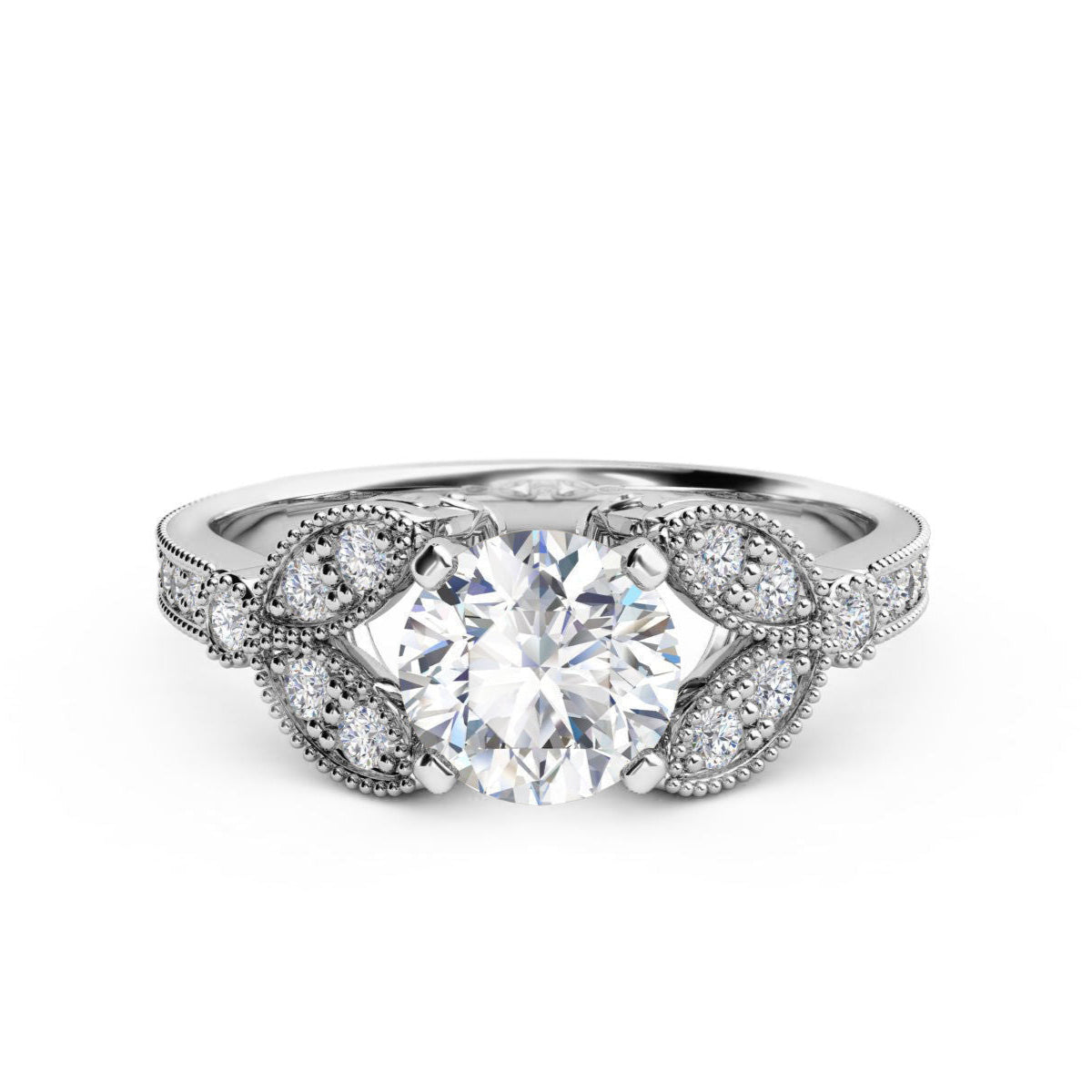 Vintage-inspired lab-grown diamond ring with a round-cut solitaire center stone, accented by marquise-shaped design milgrain detailing on the band.