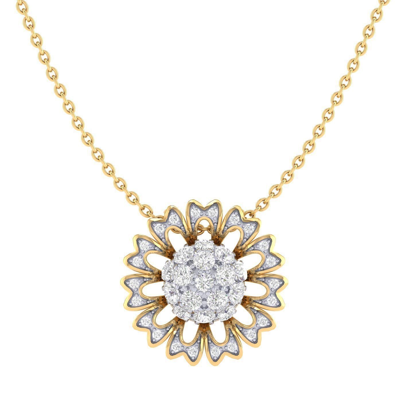 Gold diamond pendant with a round center stone. The Joyce Pendant.