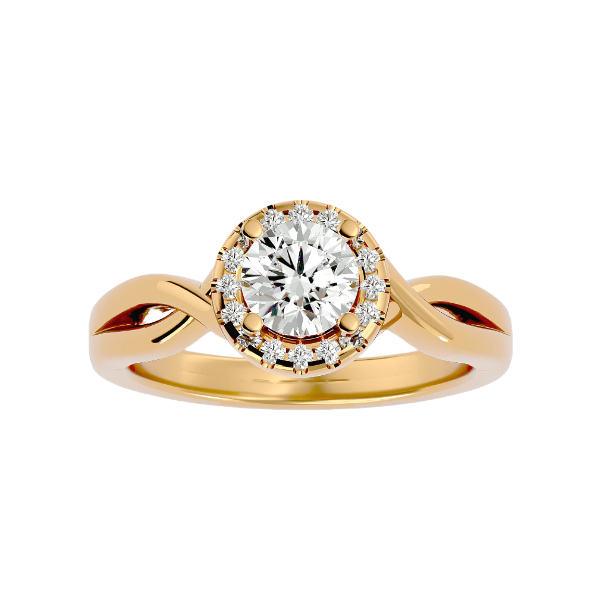 Lilliana Diamond Halo Ring with a round-cut center diamond, twisted gold band, and a sparkling halo of diamonds.