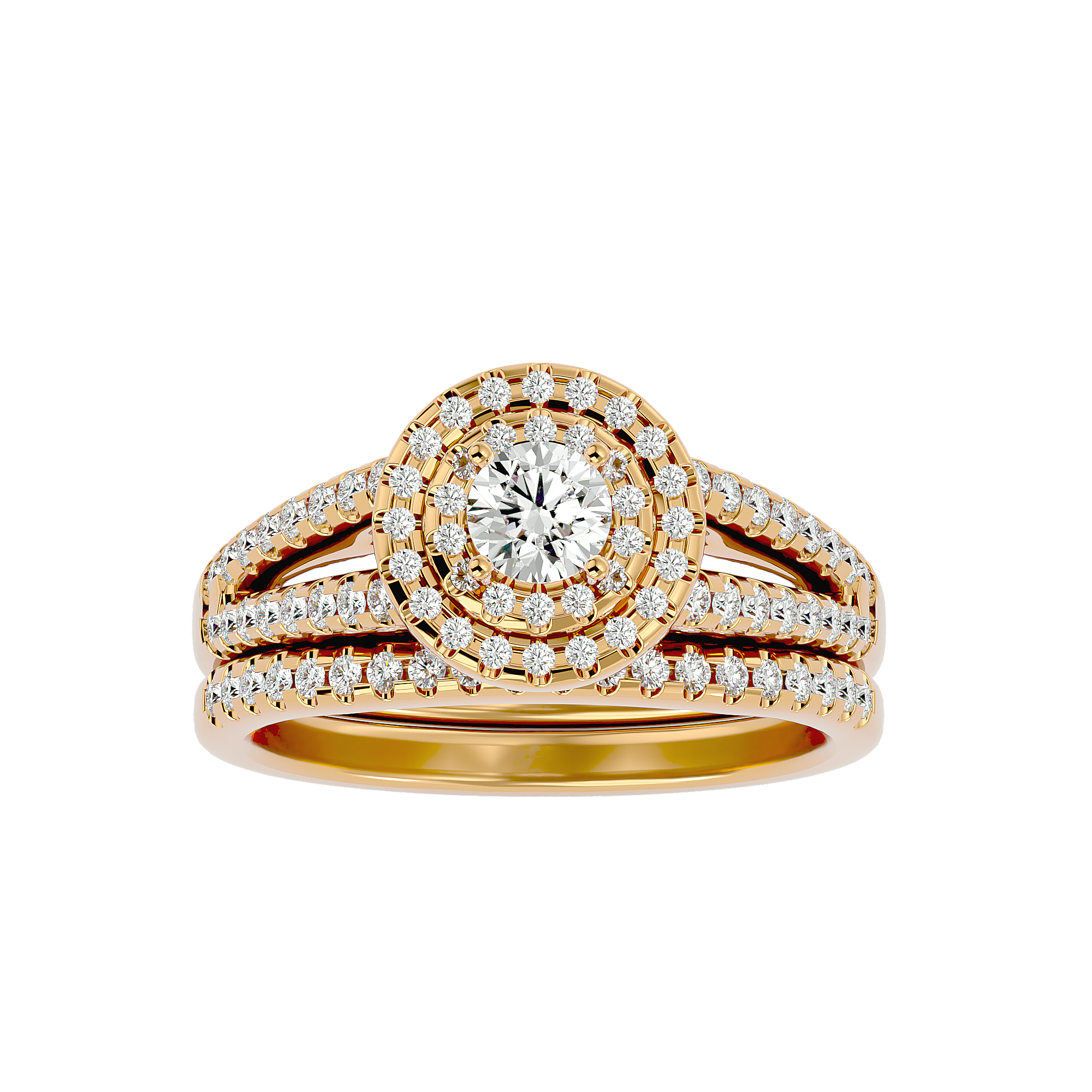 Airis Diamond Ring with round-cut center stone, dual halo diamond setting, and gold double-band design.
