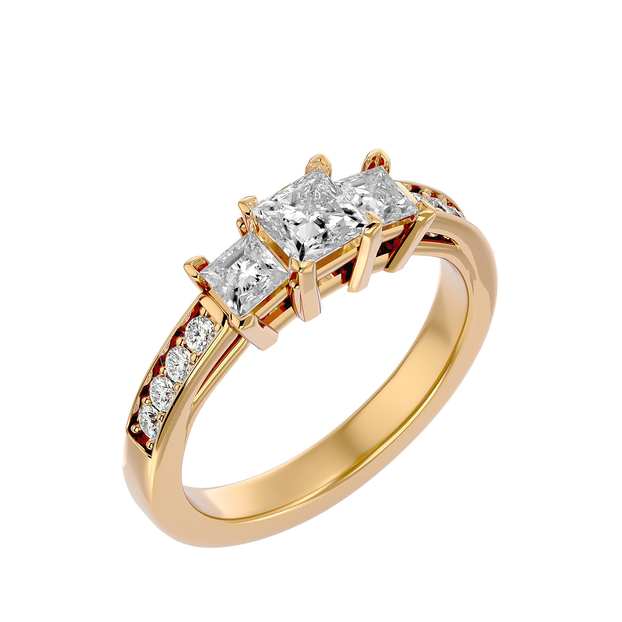 Princess-cut three-stone diamond ring with pave-set diamonds on a yellow gold band.