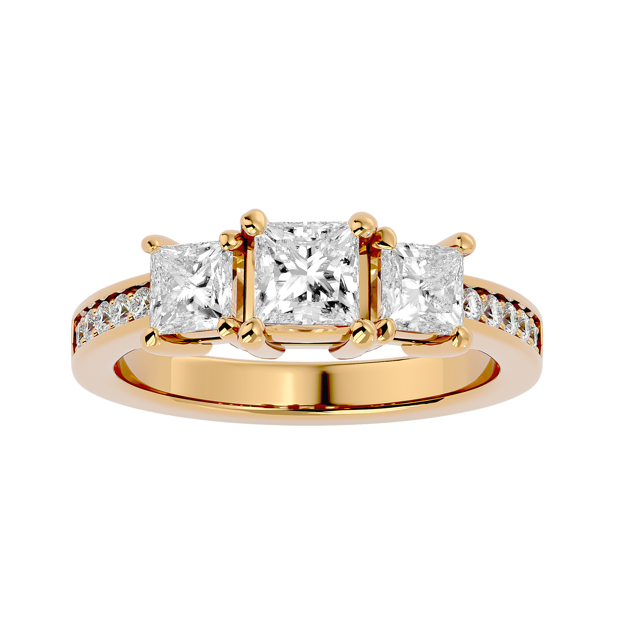 Princess-cut three-stone diamond ring with pave diamonds on a yellow gold band.