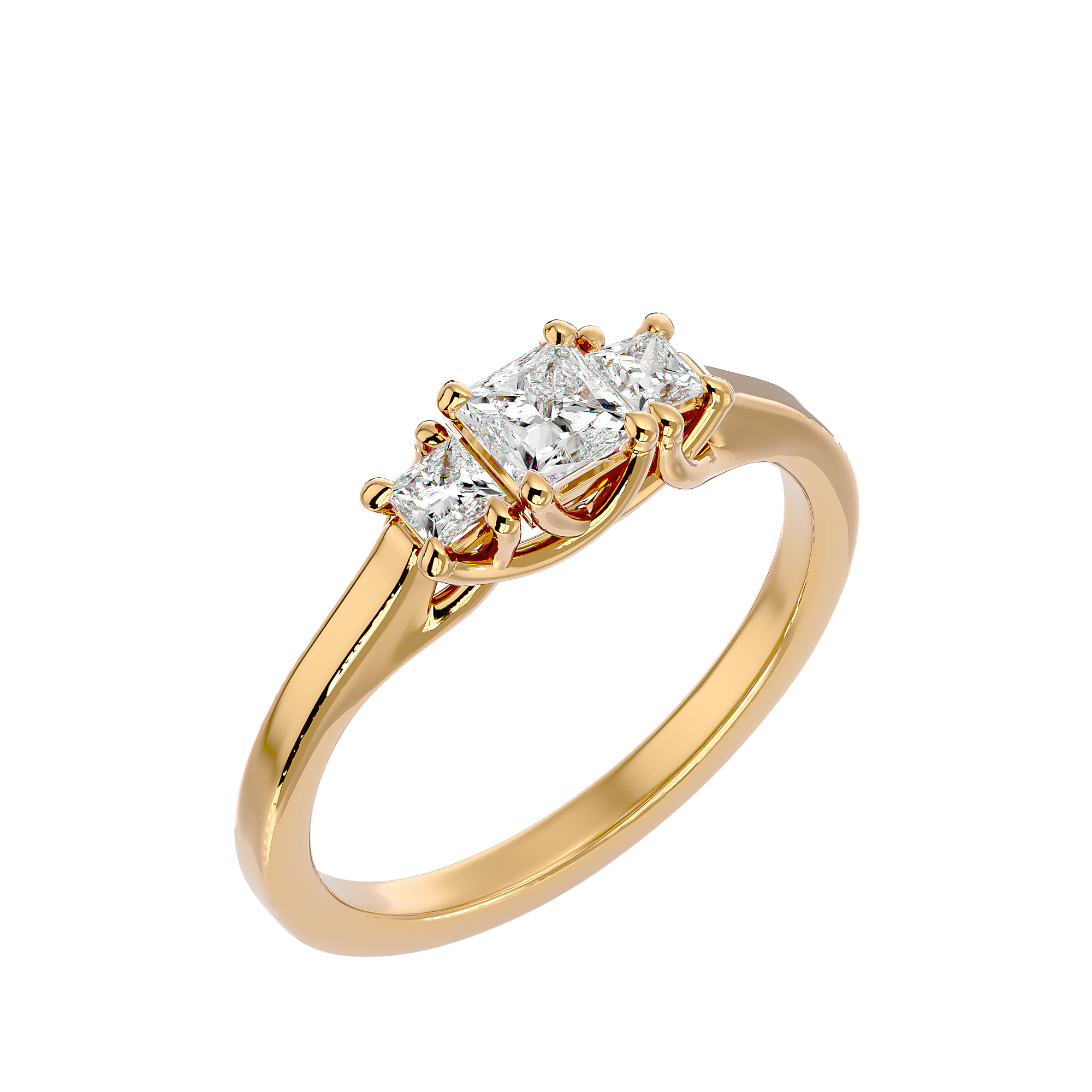 Meredith Diamond Three Stone Ring featuring a trio of princess-cut diamonds set in a polished gold band, symbolizing past, present, and future.