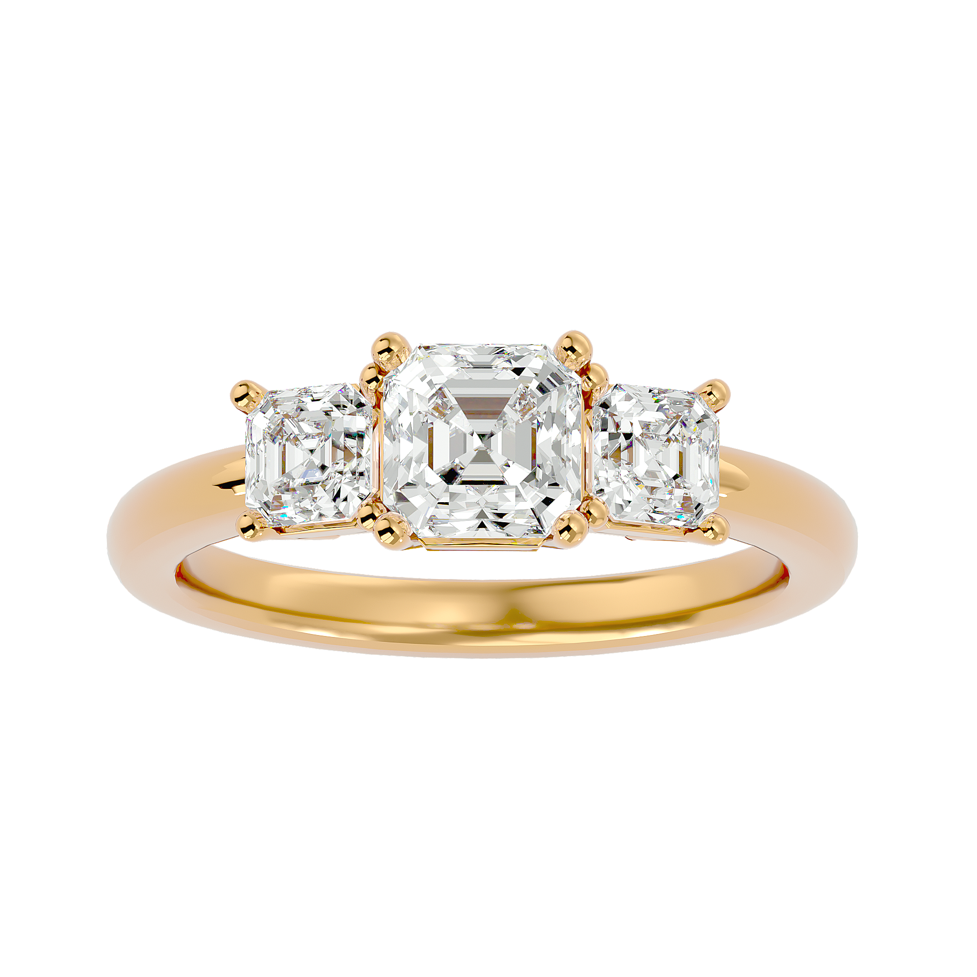 Asscher-cut three-stone diamond ring in yellow gold with a timeless and elegant design.
