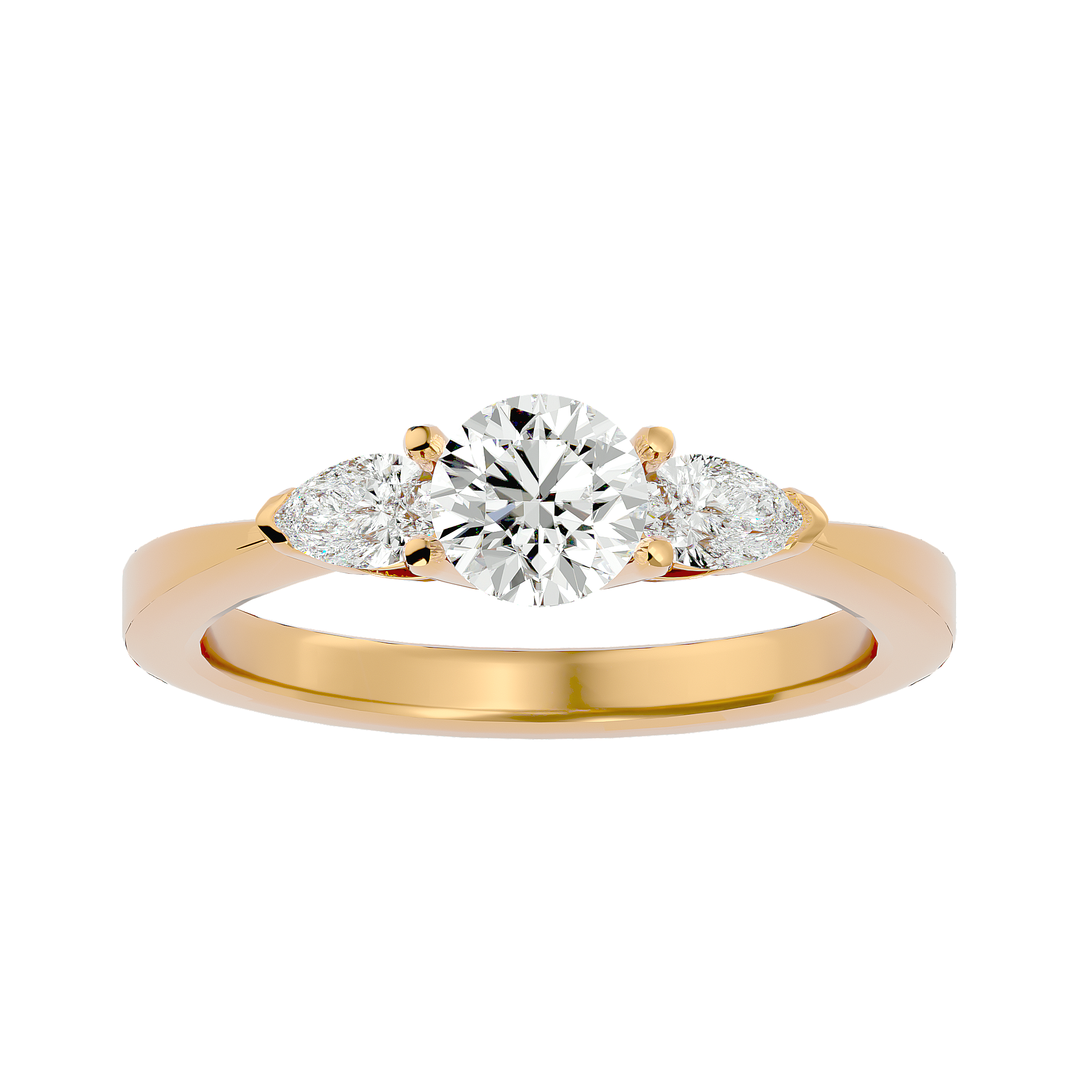 Dior Diamond Three Stone Ring with a round center and pear-cut side diamonds in a gold band.