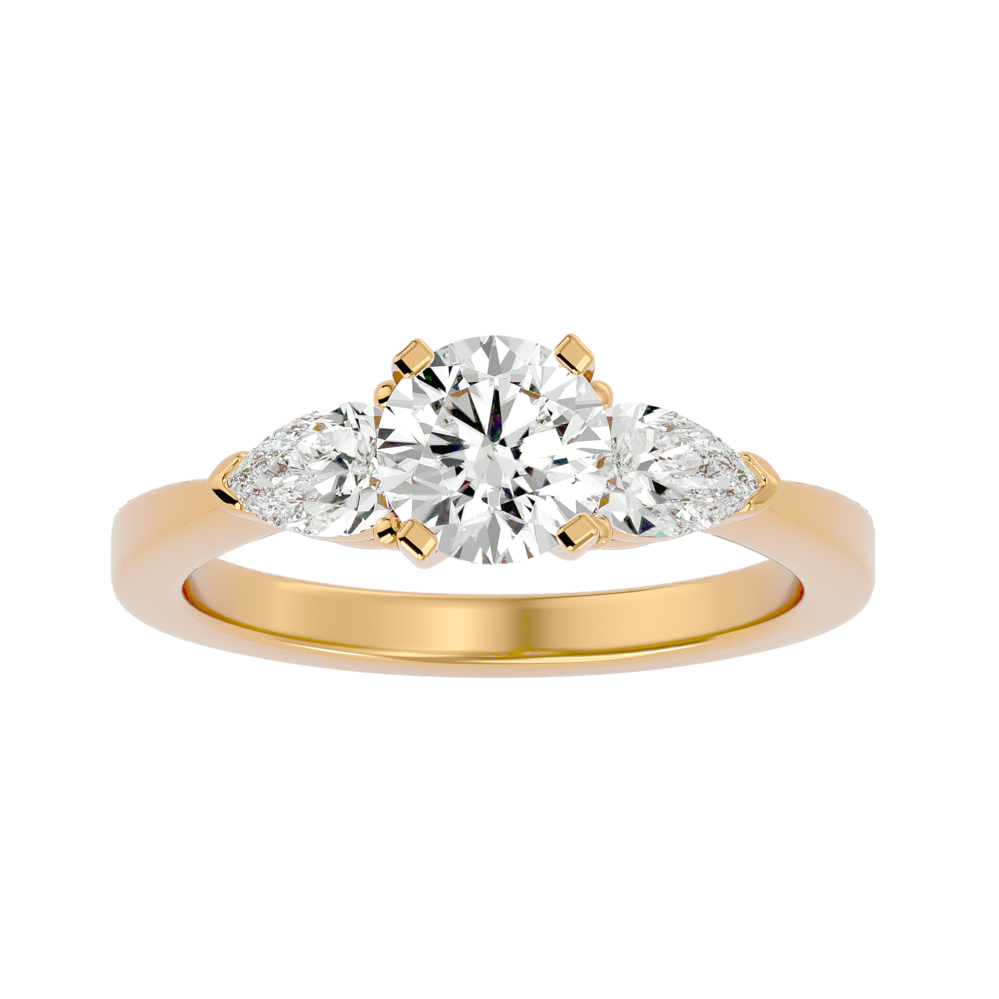 Delilah Diamond Three Stone Ring featuring a round center diamond with pear-cut side stones set in a gold band.