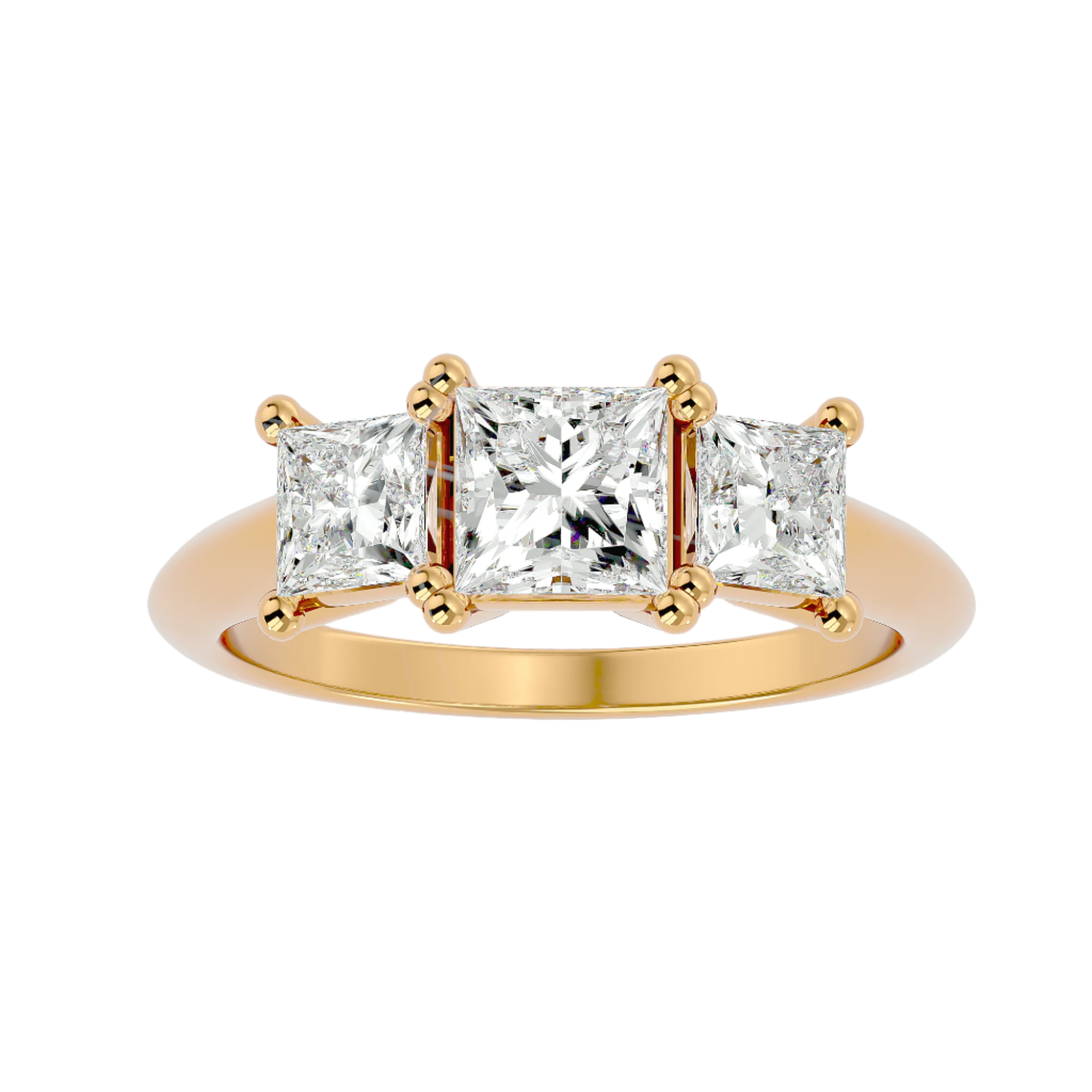 Mireille Diamond Three Stone Ring with princess-cut diamonds in a sleek gold band, ideal for engagements and special moments.