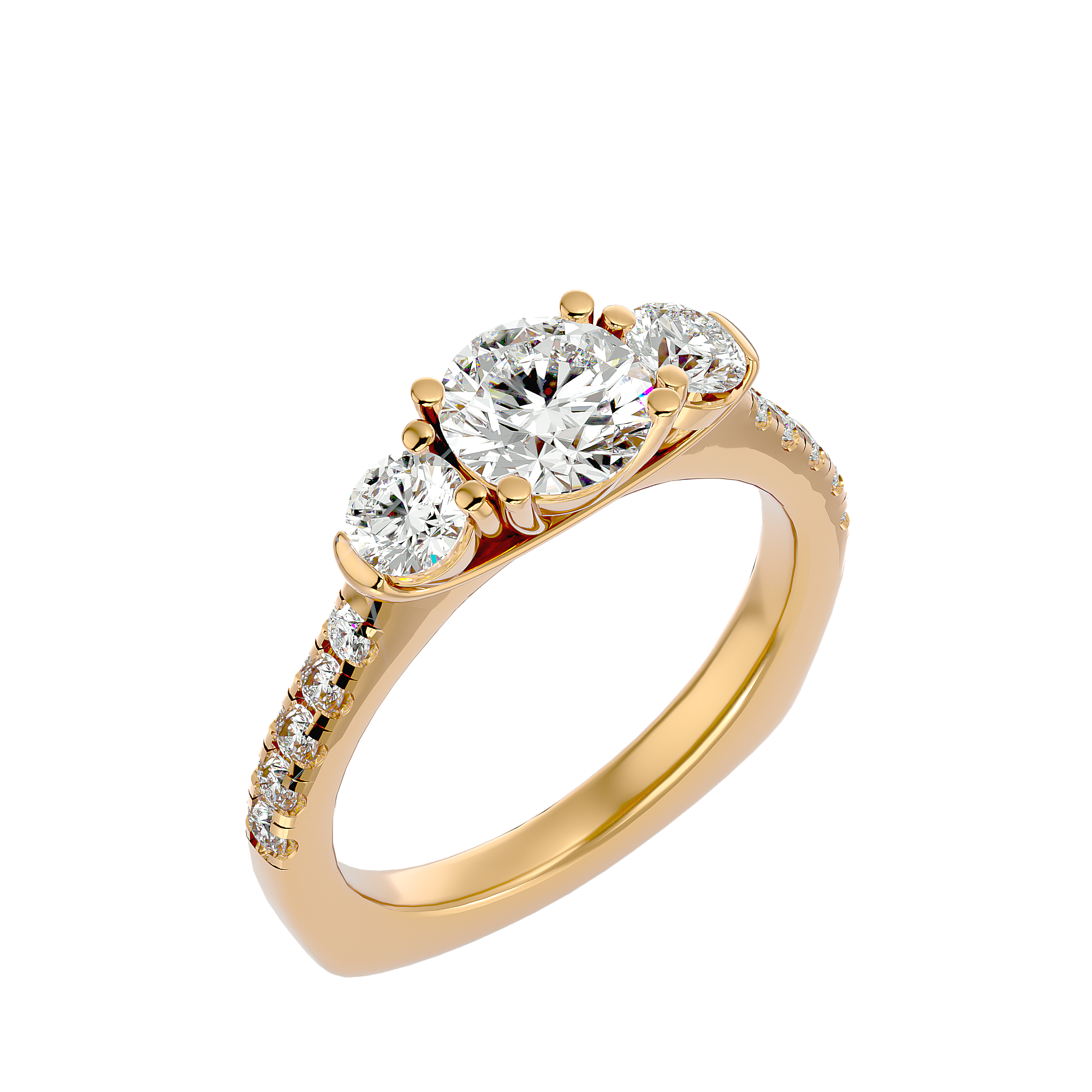 Round-cut three-stone diamond ring with pave diamonds on a yellow gold band