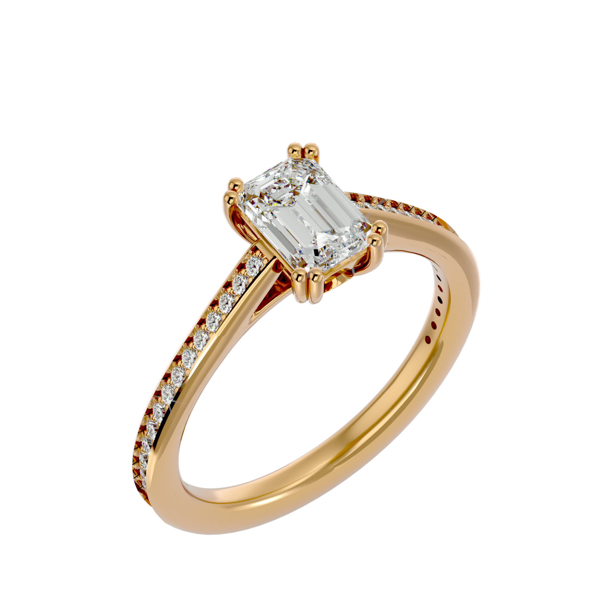 Edna Diamond Solitaire Ladies Ring featuring an emerald-cut diamond on a rose gold band with accent diamonds.