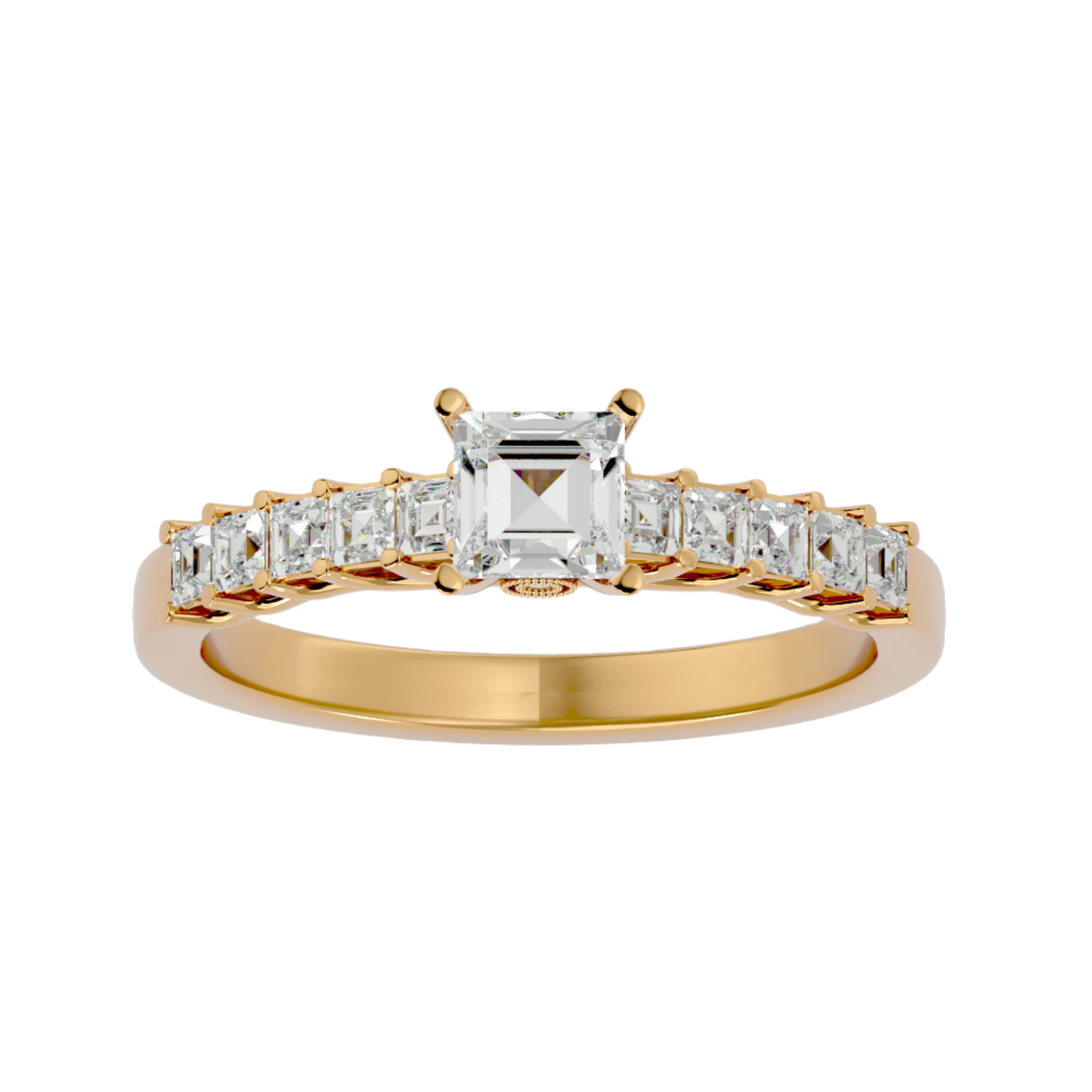Diana Diamond Solitaire Ladies Ring featuring an Asscher-cut diamond centerpiece with square-cut diamonds set on a gold band.