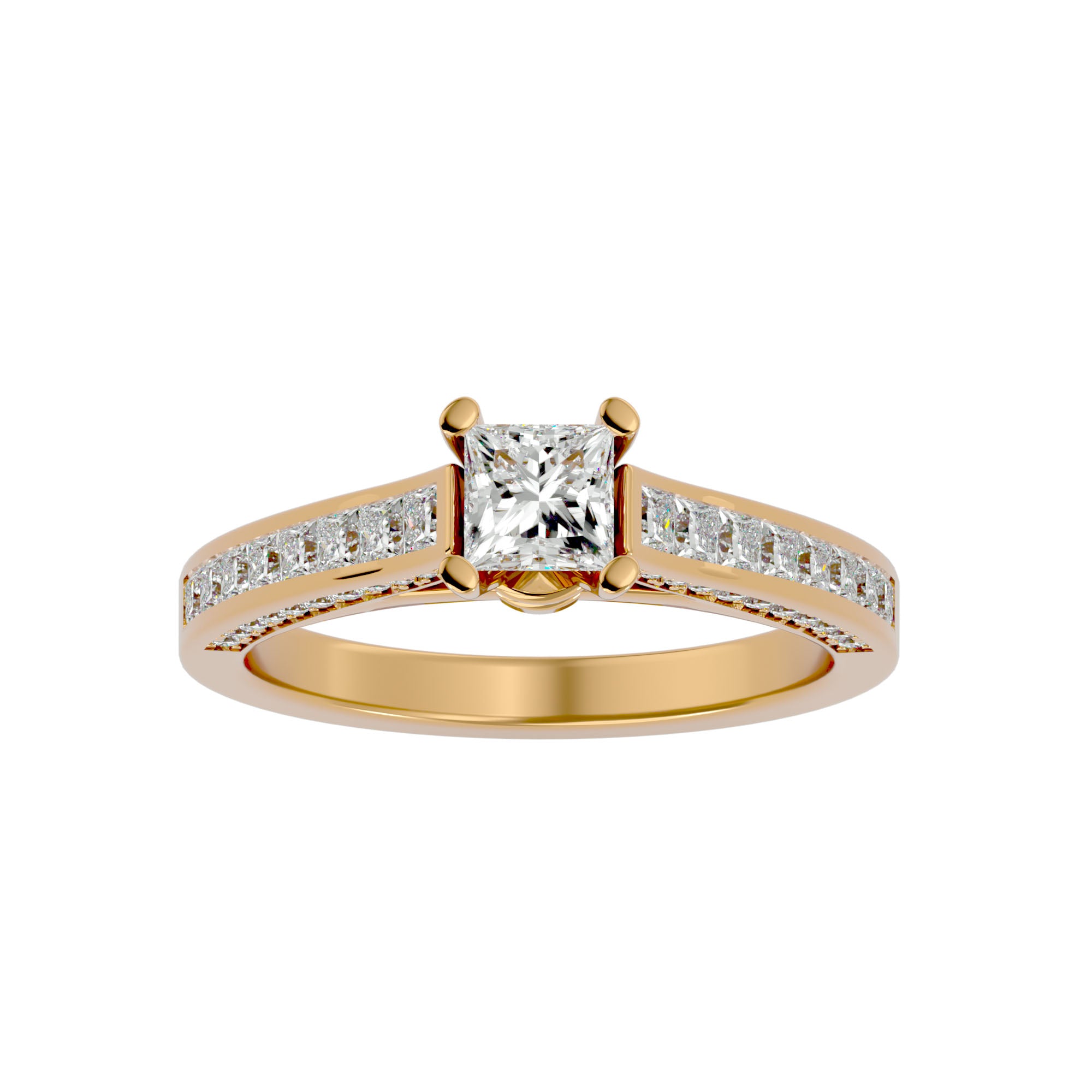 Diamond Solitaire Ladies Ring with a princess-cut diamond centerpiece and channel-set diamonds on a polished gold band.
