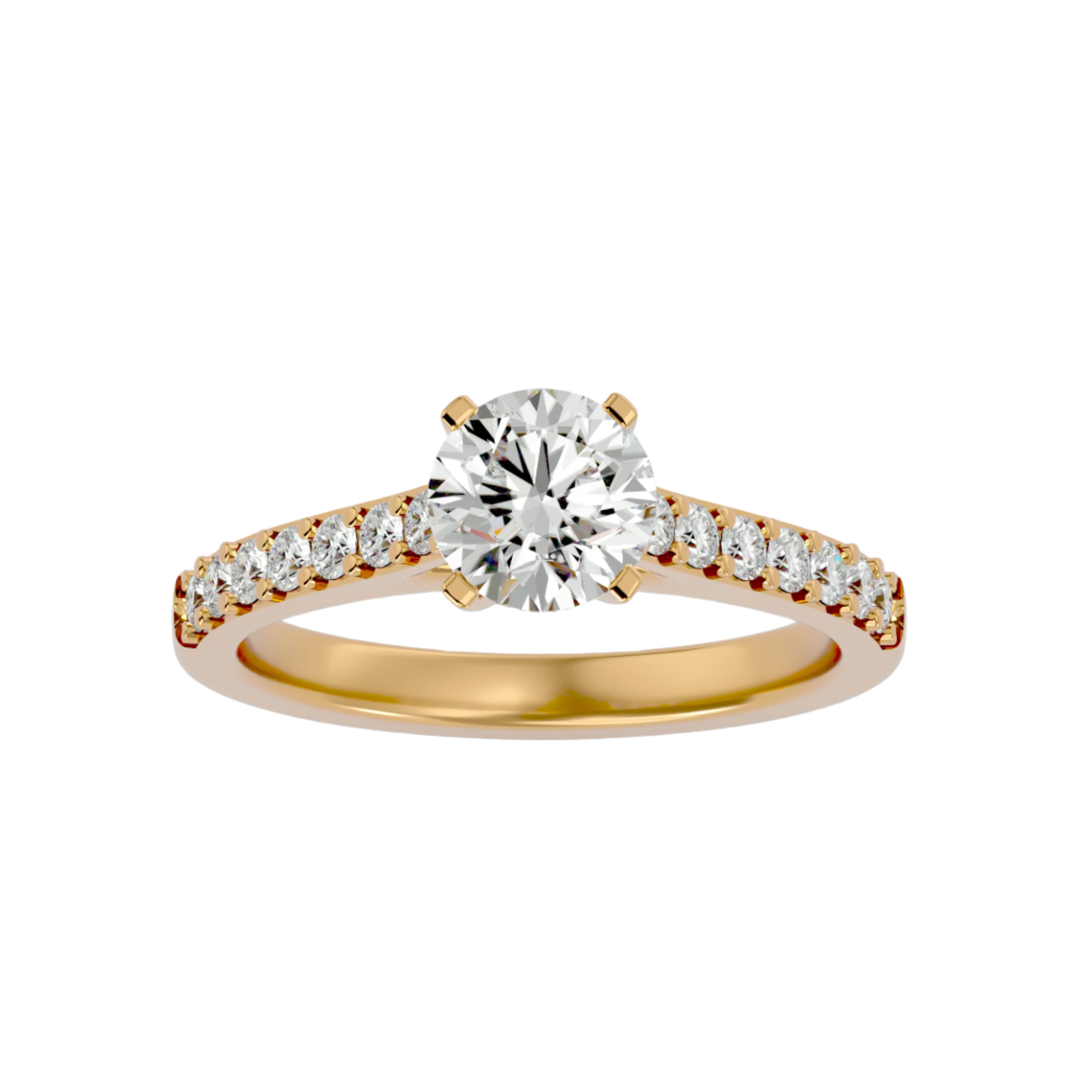 Elegant Celia Diamond Solitaire Ring with a round-cut diamond centerpiece and gold band adorned with sparkling accent diamonds.
