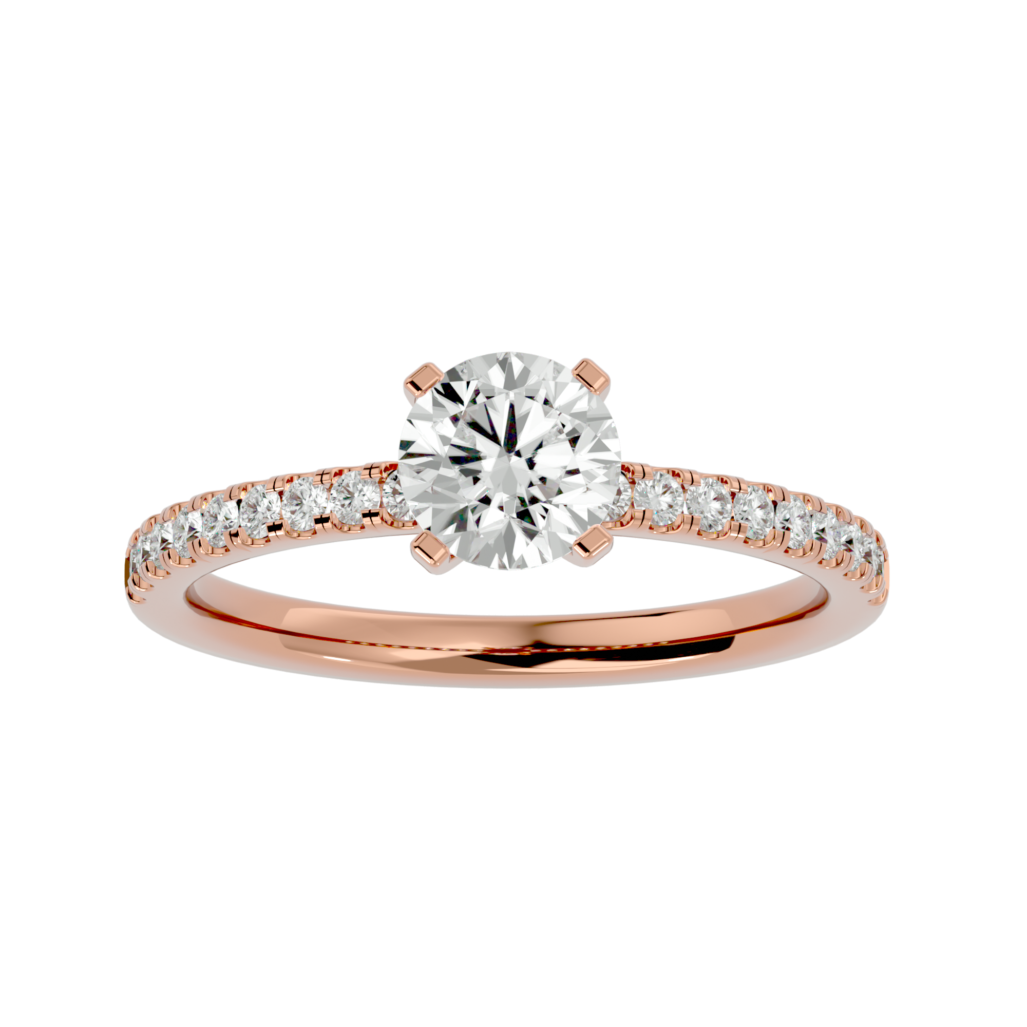 Gloria Diamond Solitaire Ladies Ring with a round-cut center diamond and a gold band featuring accent diamonds for added sparkle.