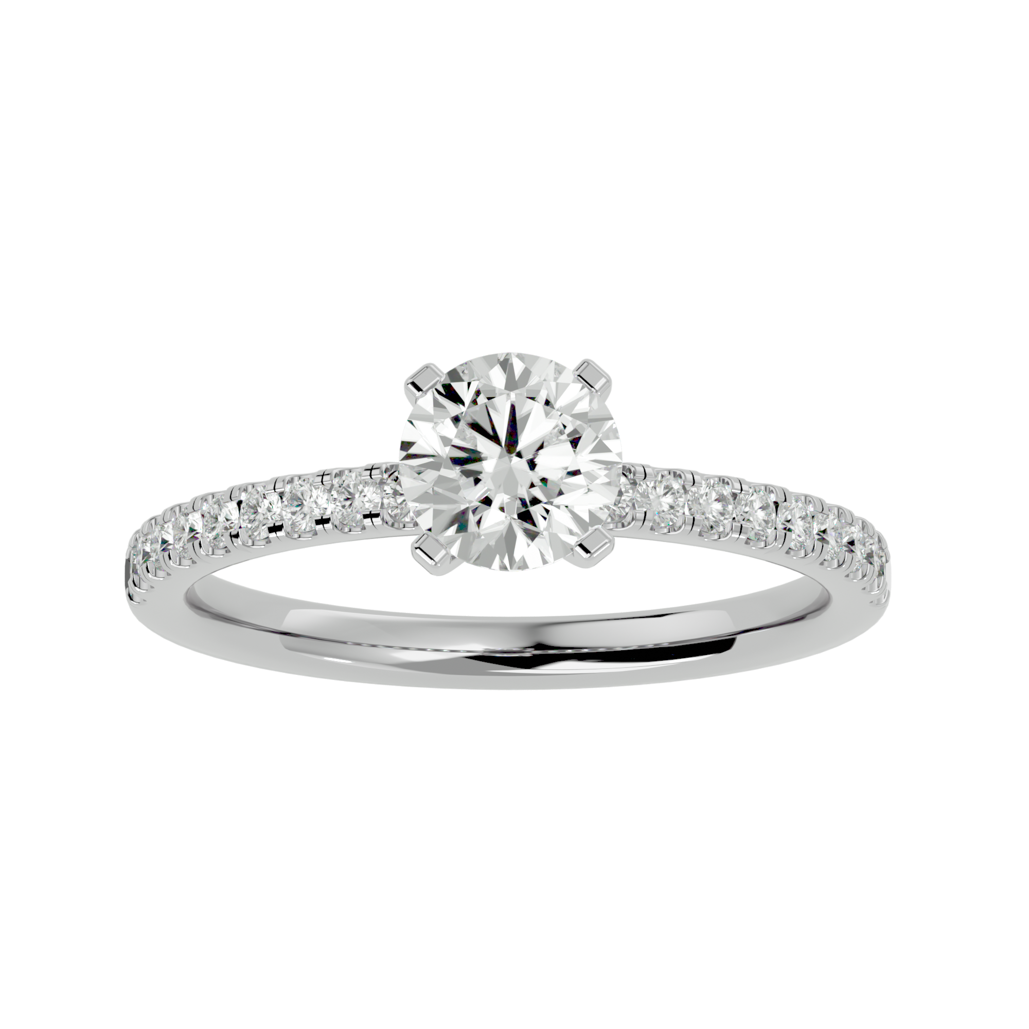 Gloria Diamond Solitaire Ladies Ring with a round-cut center diamond and a gold band featuring accent diamonds for added sparkle.