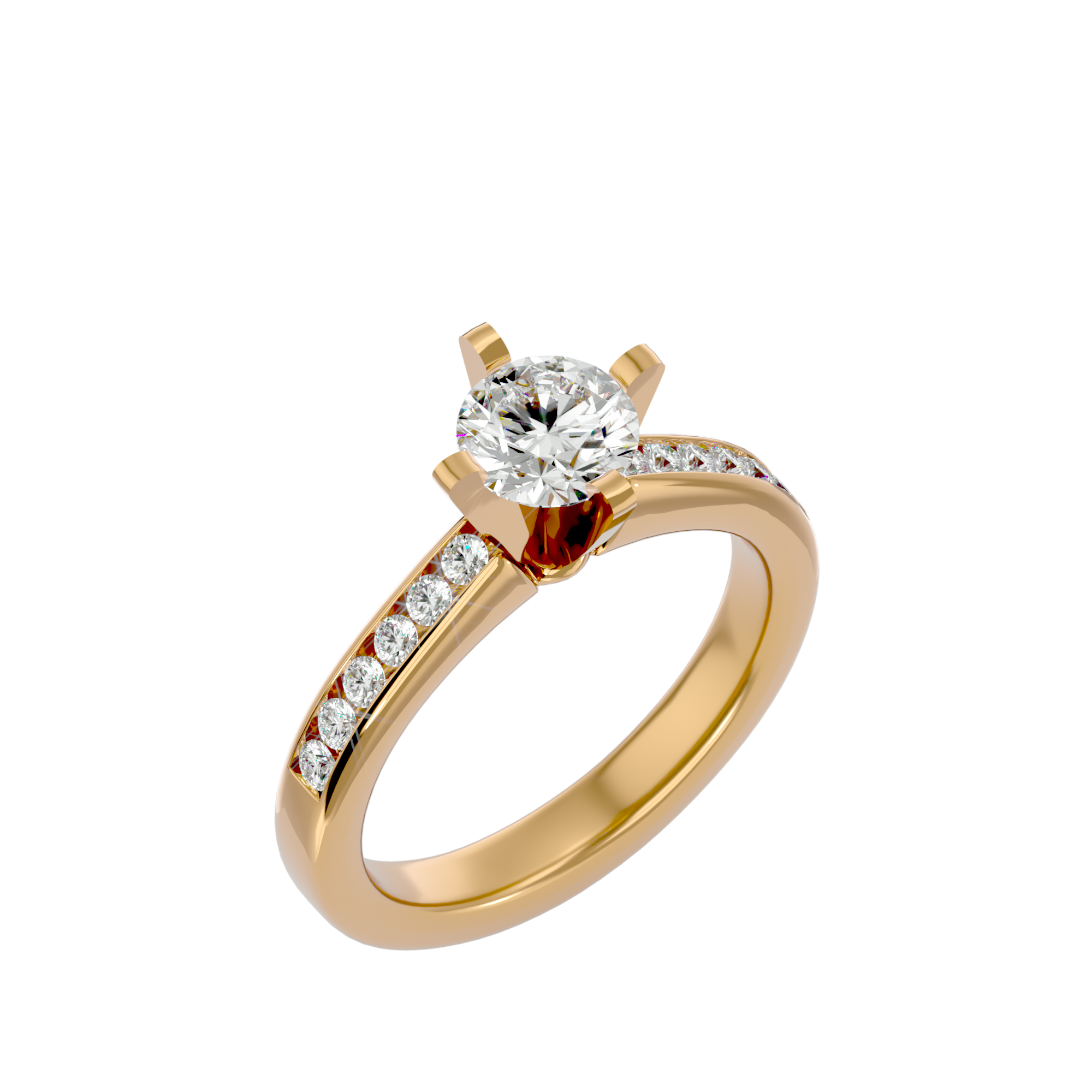 Elena Diamond Solitaire Ladies Ring with a round-cut diamond centerpiece and diamond-studded gold band for a timeless and elegant look.