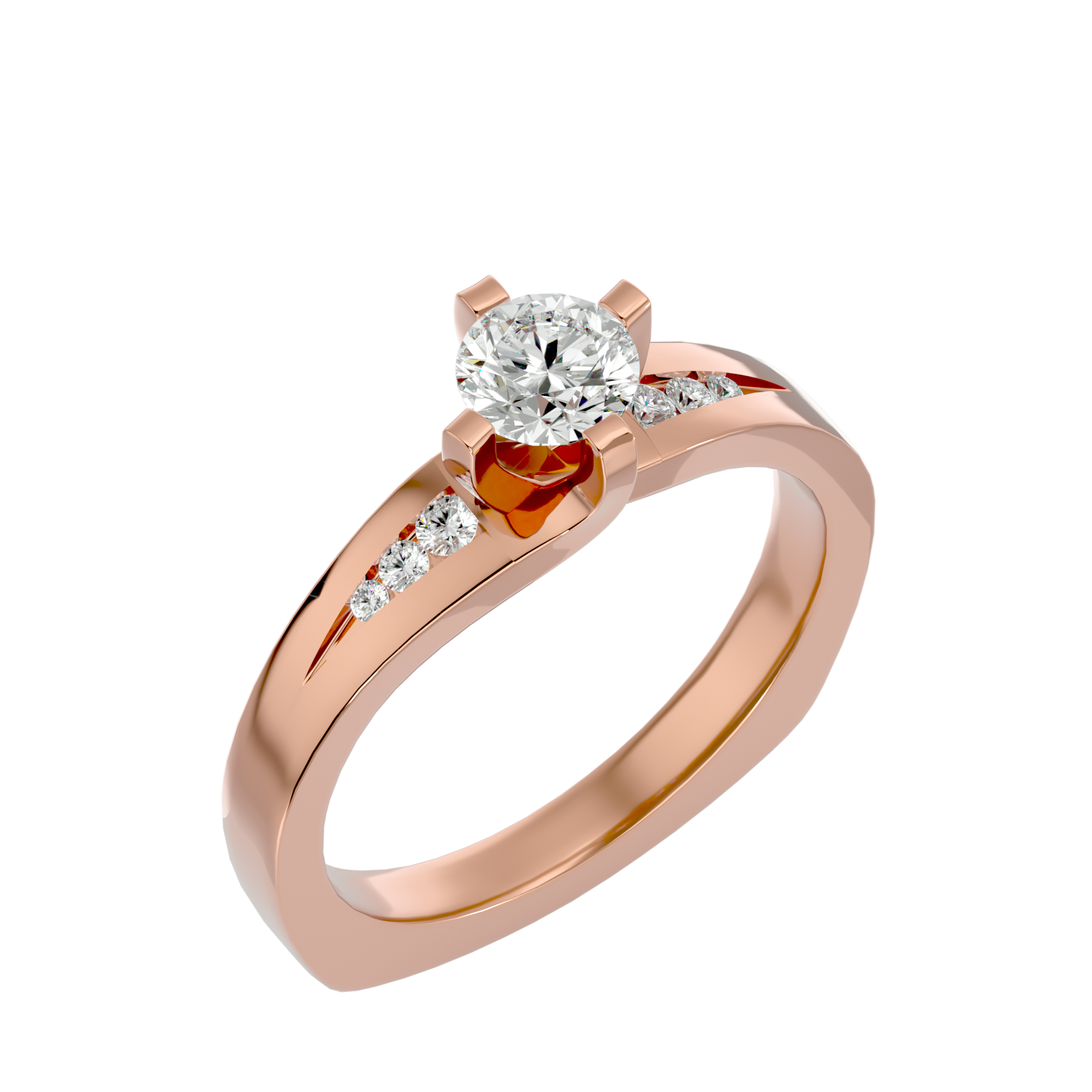Rose gold diamond solitaire ring with a unique prong setting, featuring a round-cut center diamond and side accent diamonds on a sleek band.