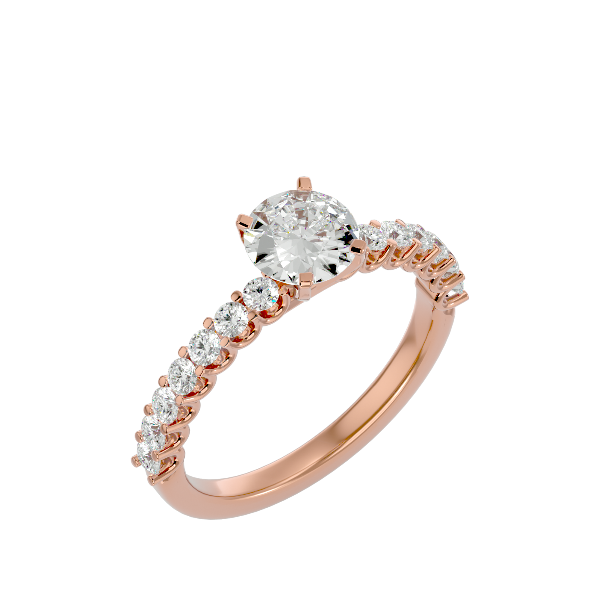 Davinia Diamond Solitaire Ladies Ring in rose gold with a round-cut solitaire diamond and diamond-studded band for a sparkling, elegant look.