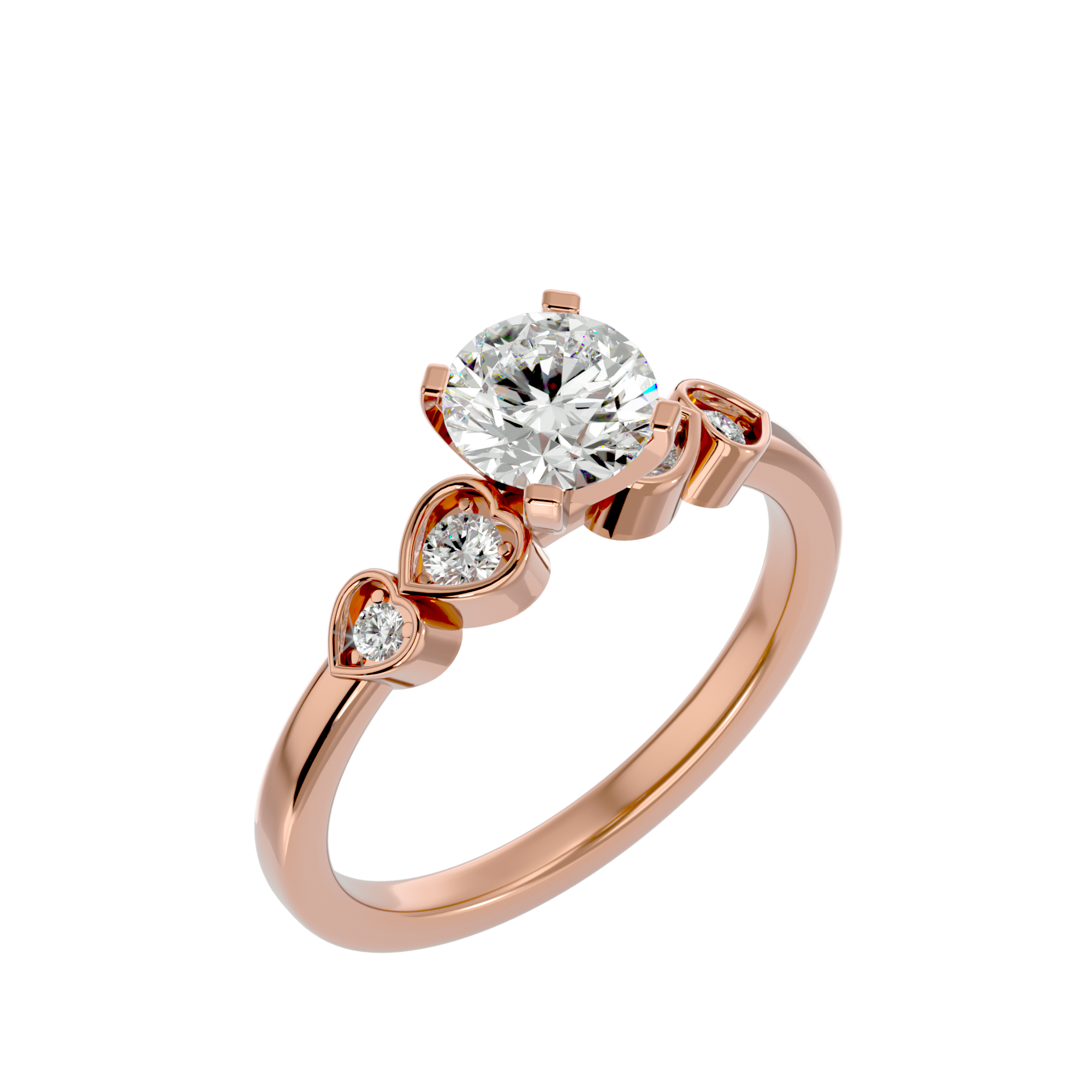 Rose gold diamond ring with solitaire round-cut diamond with a heart-shaped design on both sides.