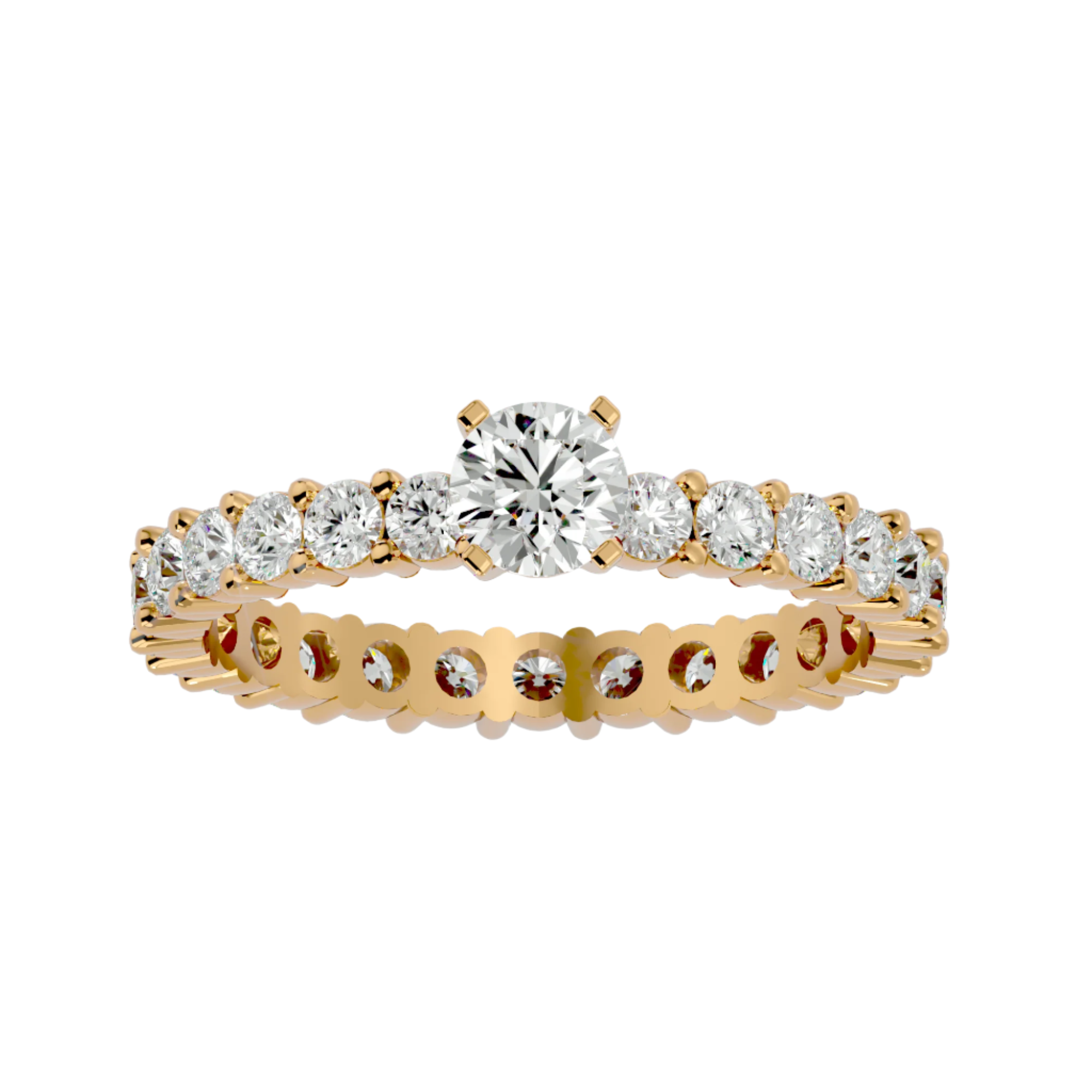 Omega Diamond Solitaire Ladies Ring featuring a round-cut center diamond with a diamond-studded gold band for a radiant and timeless design.