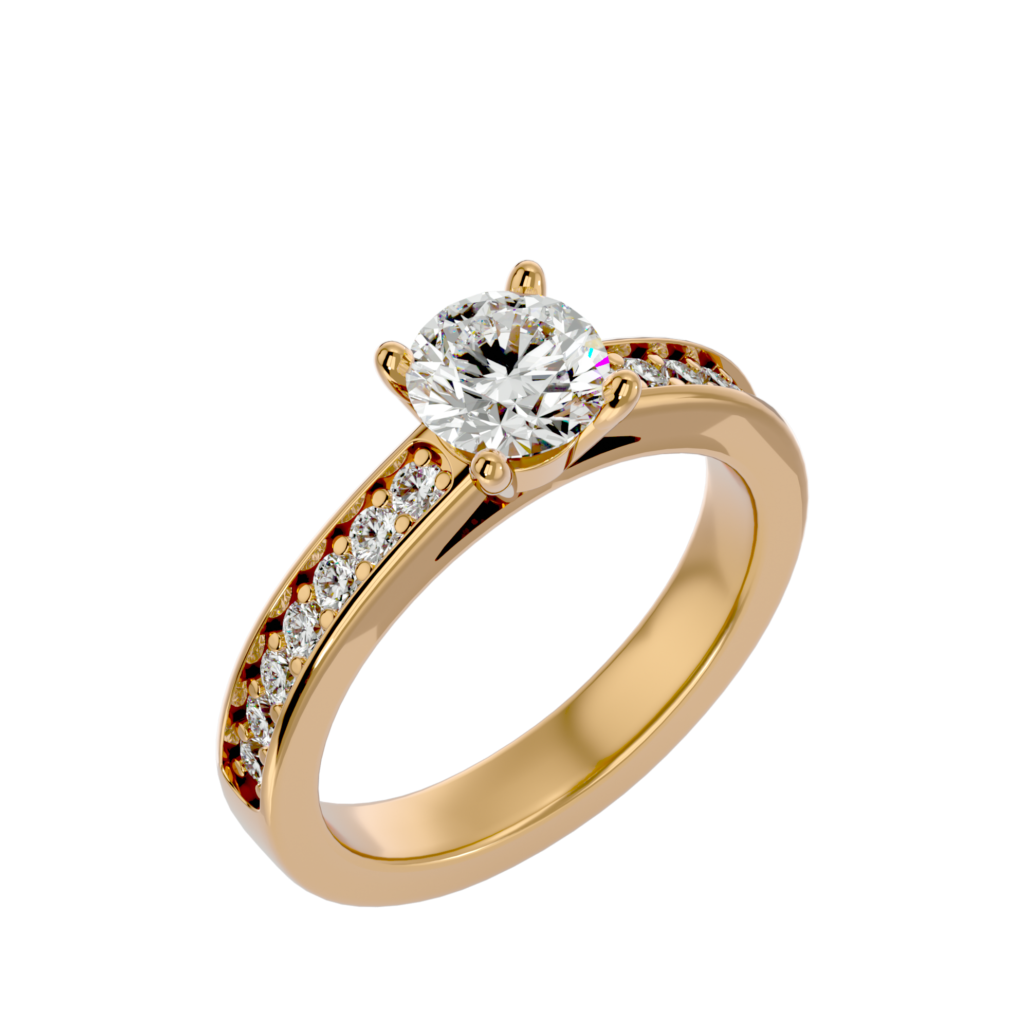 Kyra Diamond Solitaire Ladies Ring in gold with a round-cut diamond centerpiece and a row of accent diamonds along the band for added brilliance