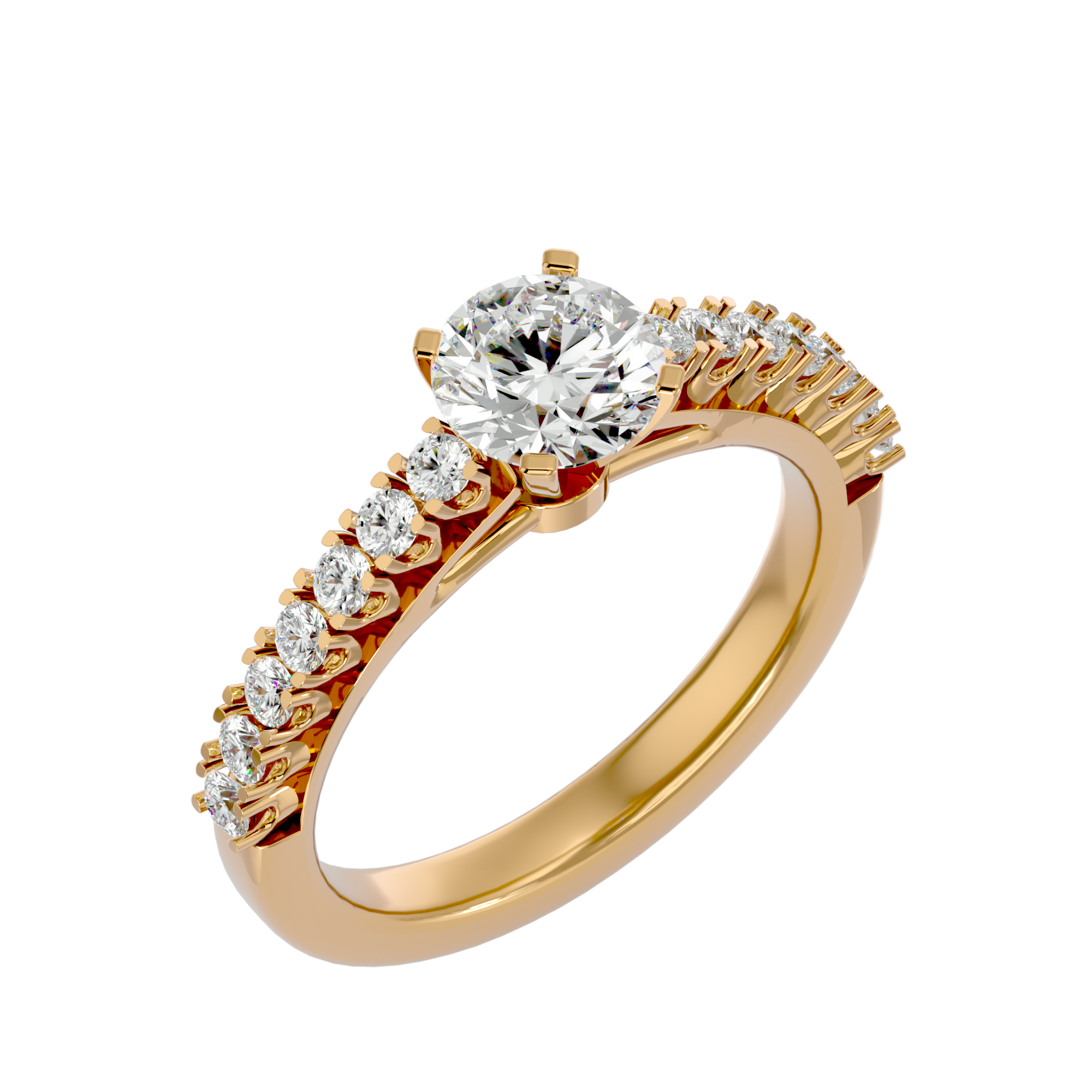 "Erin Diamond Solitaire Ladies Ring in gold with a round-cut center diamond in a four-prong setting and diamond-studded band for a radiant look.